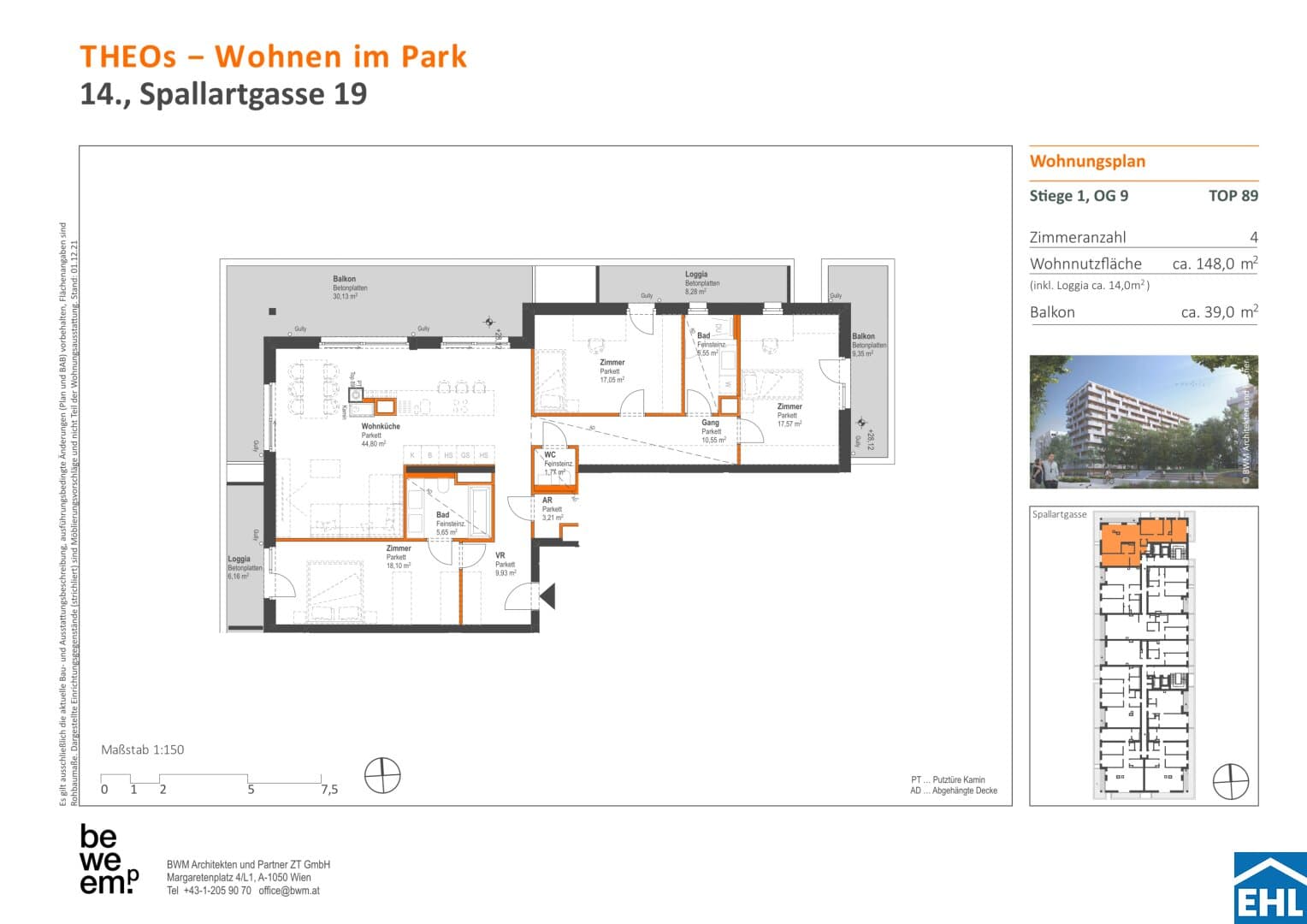 Grundriss Top 89 — THEOs — 4 Zimmer — 134 m² — 9th floor — Otto-Wagner-Kirche, Innere Stadt