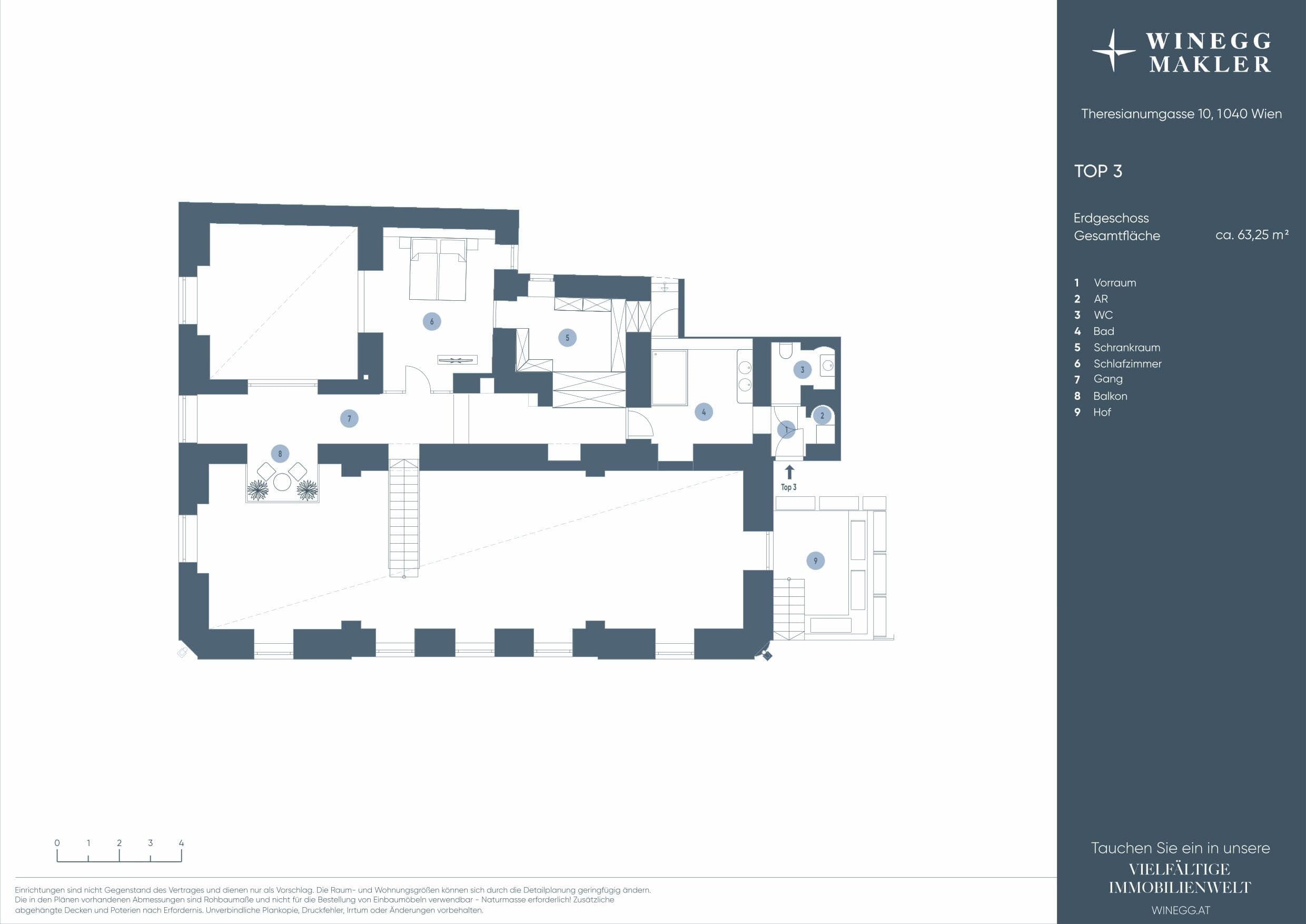 Grundriss Top II/3 — Wohnen beim Schloss Belvedere – Theresianumgasse 10 — 3.5 Zimmer — 242,5 m² — Ground floor / Rooftop — Innenhof, Garten, Terrasse — Grundriss 1/4