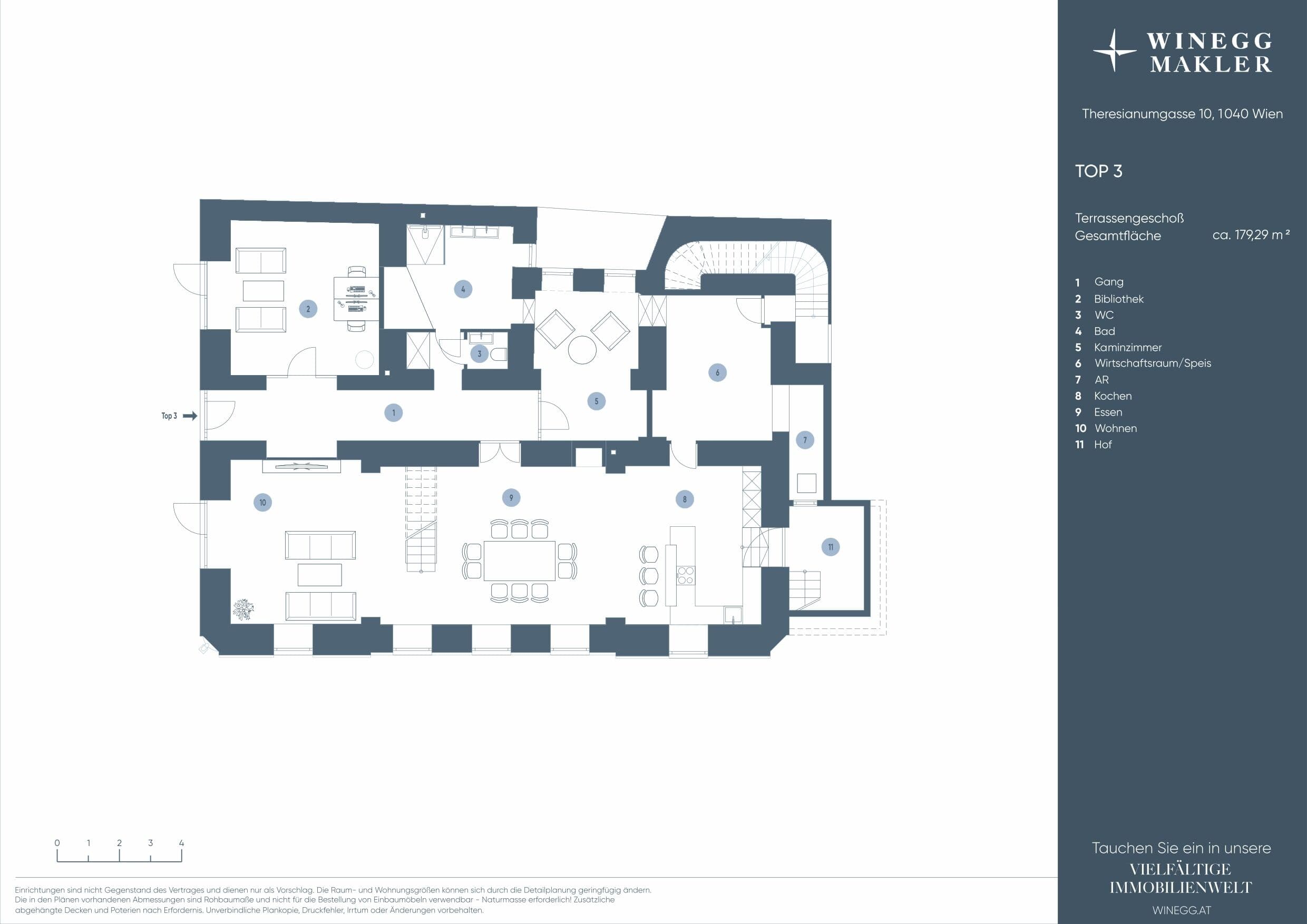 Grundriss Top II/3 — Wohnen beim Schloss Belvedere – Theresianumgasse 10 — 3.5 Zimmer — 242,5 m² — Ground floor / Rooftop — Innenhof, Garten, Terrasse — Grundriss 2/4