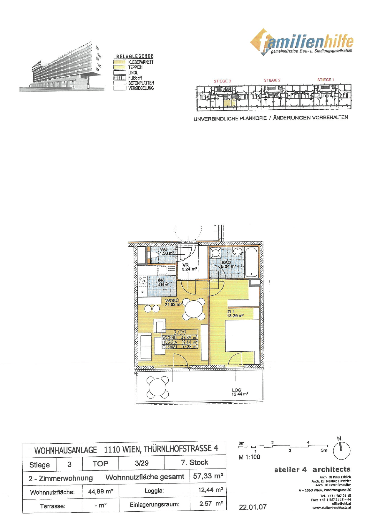 Grundriss Top 29 / Stiege 3 — Thürnlhofstraße 9 — 2 Zimmer — 57,3 m² — 7th floor