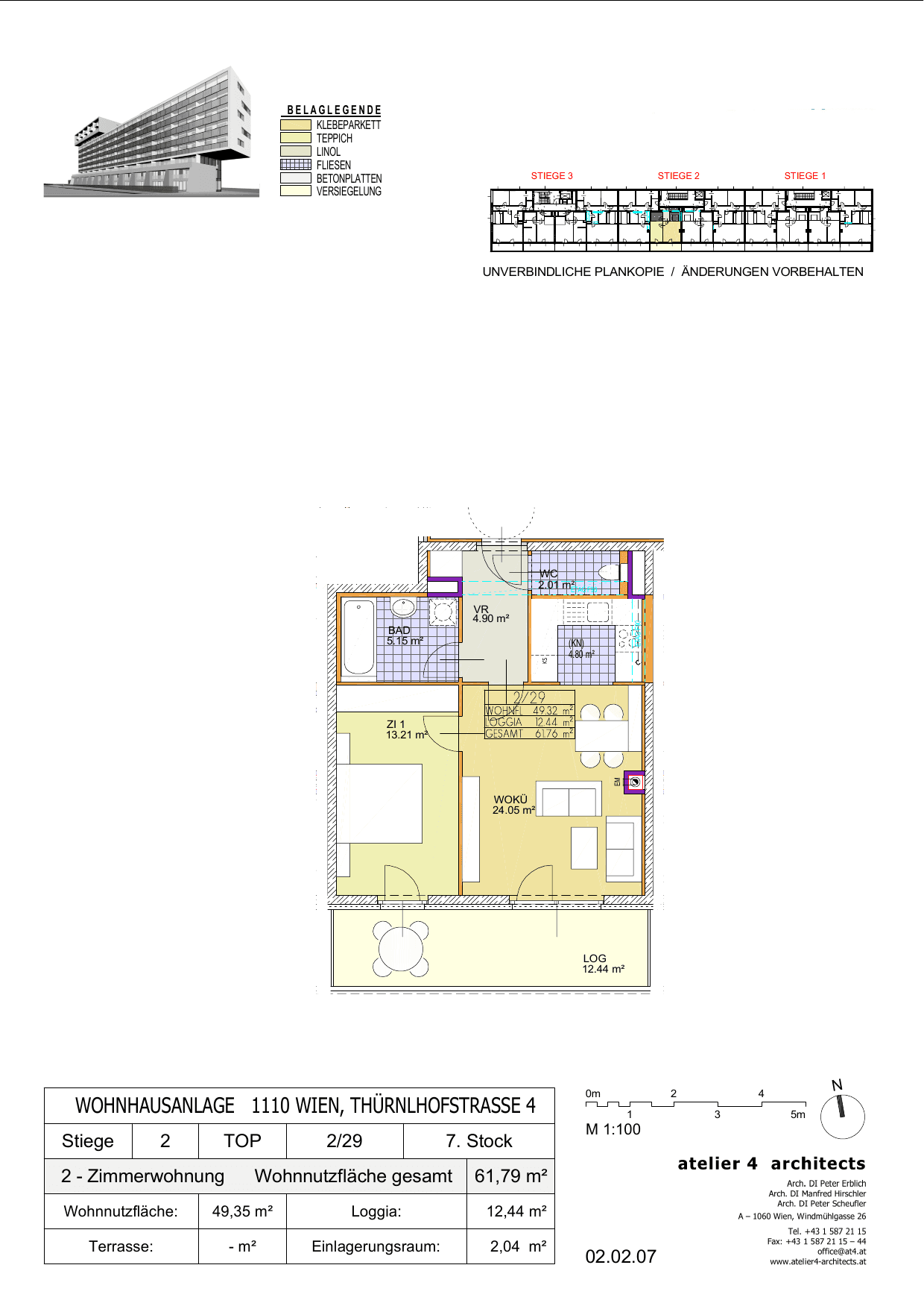 Grundriss Top 29 / Stiege 2 — Thürnlhofstraße 9 — 2 Zimmer — 61,8 m² — 7th floor