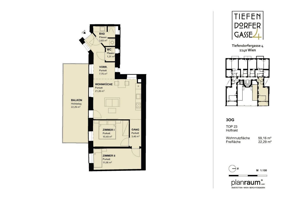 Grundriss TOP 23 — Tiefendorfer4 — 3 Zimmer — 59,2 m² — 3rd floor — Wohnfläche 60.65 m², Balkon 21.82 m², Ausrichtung: Südseite