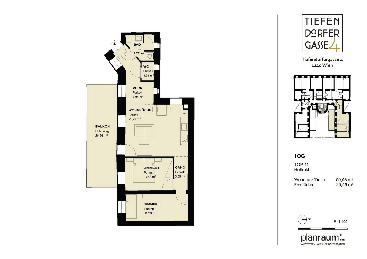Grundriss TOP 11 — Tiefendorfer4 — 3 Zimmer — 59,2 m² — 1st floor — Wohnfläche 58.9 m², Balkon 20.09 m², Ausrichtung: Südseite