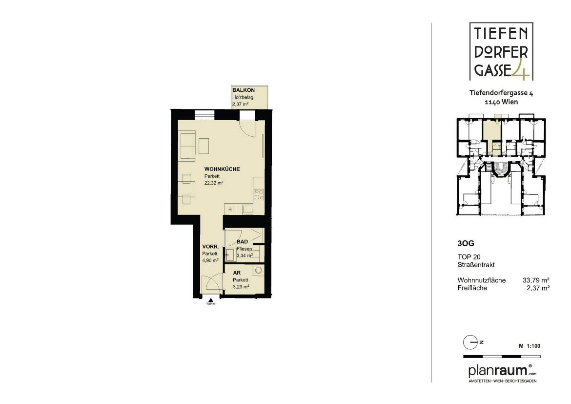 Grundriss TOP 20 — Tiefendorfer4 — 1 Zimmer — 33,8 m² — 3rd floor — Wohnfläche 33.71 m², Balkon 2.37 m², Ausrichtung: Westseite