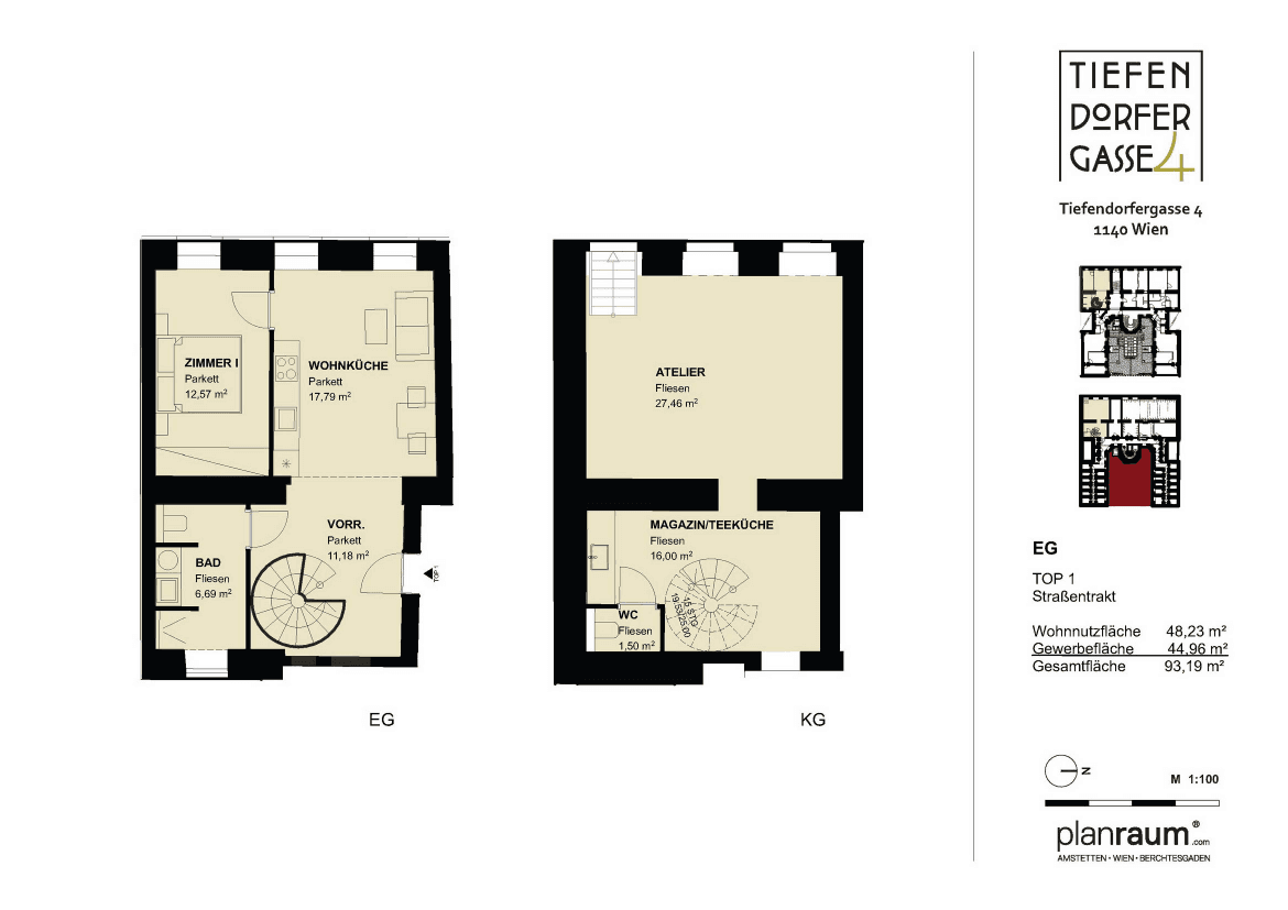 Grundriss TOP 1 — Tiefendorfer4 — 2 Zimmer — 92,9 m² — Ground floor — Wohnfläche 92.85 m², Ausrichtung: Westseite
