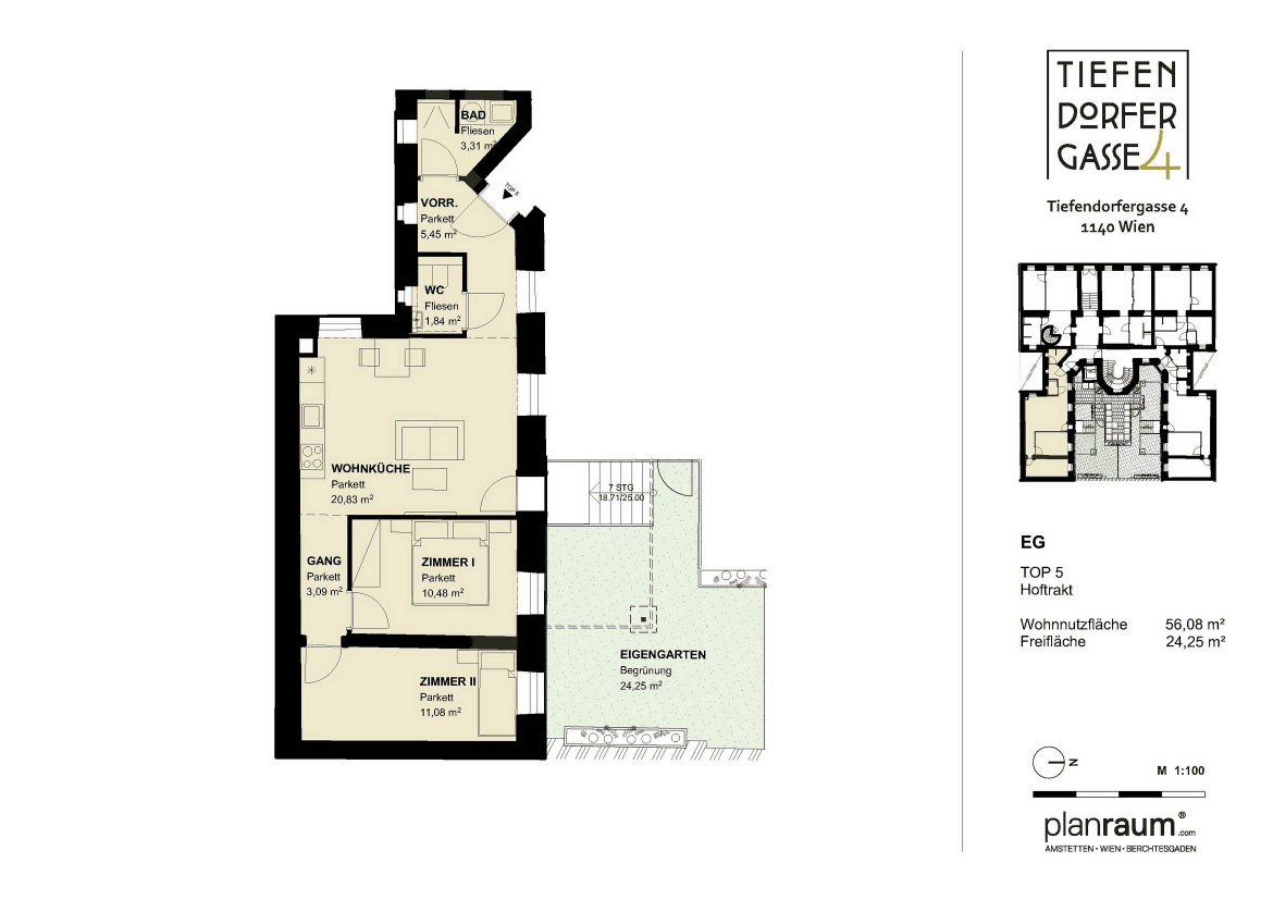 Grundriss TOP 5 — Tiefendorfer4 — 3 Zimmer — 56,1 m² — Ground floor — Wohnfläche 56.6 m², Grünfläche 23.57 m², Ausrichtung: Nordseite