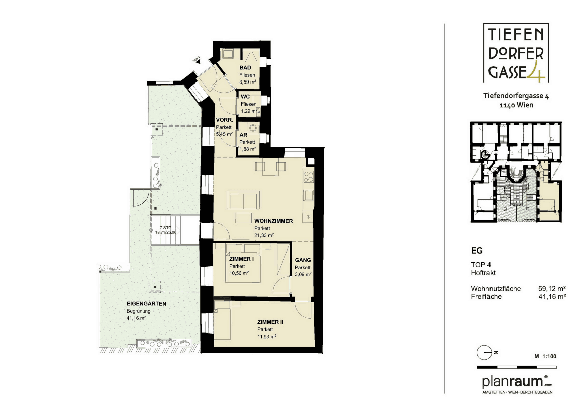 Grundriss TOP 4 — Tiefendorfer4 — 3 Zimmer — 59,1 m² — Ground floor — Wohnfläche 58.67 m², Grünfläche 39.32 m², Ausrichtung: Südseite