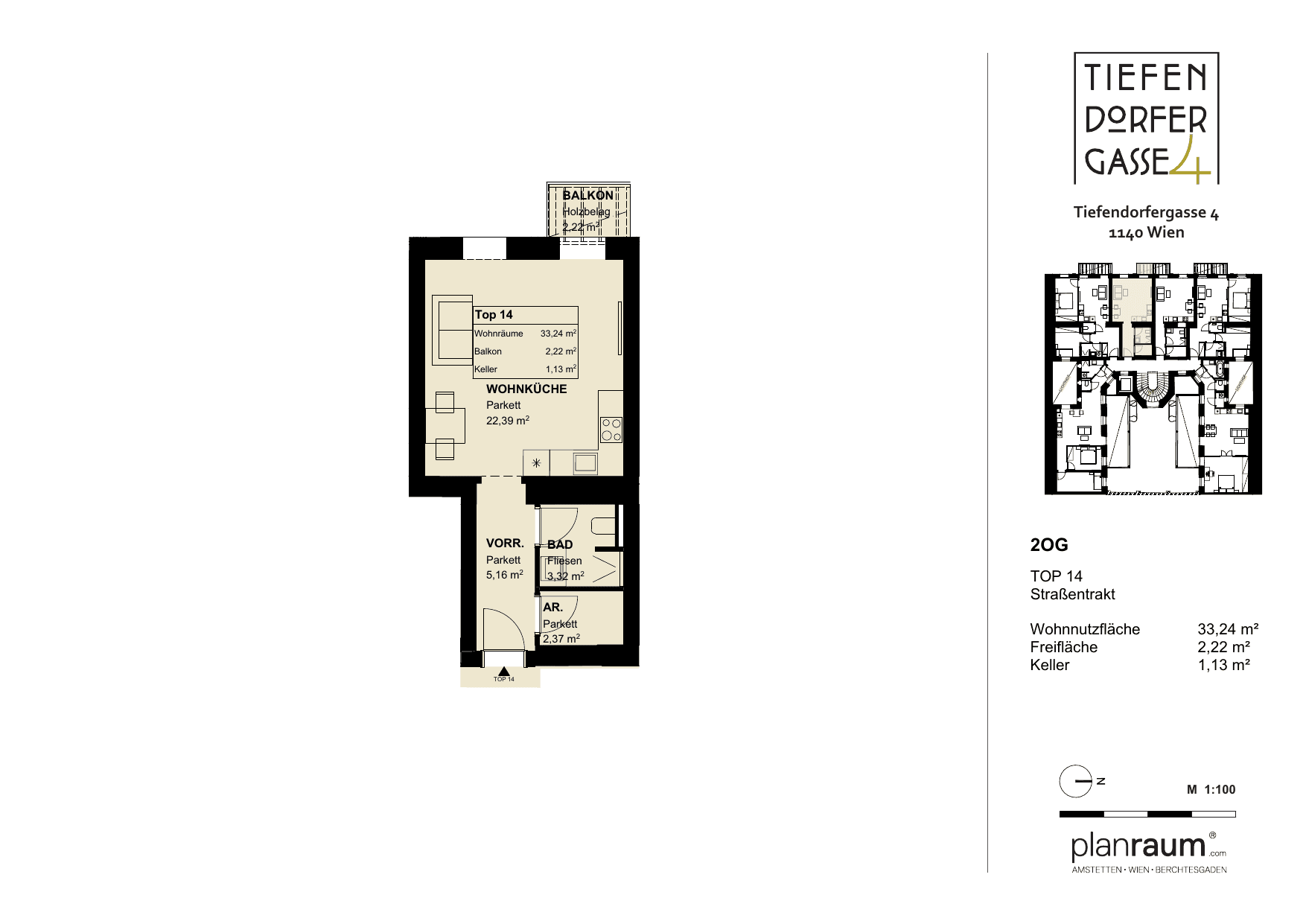 Grundriss TOP 14 — Tiefendorfer4 — 1 Zimmer — 33,2 m² — 2nd floor — Wohnfläche 33.19 m², Balkon 2.37 m², Ausrichtung: Westseite