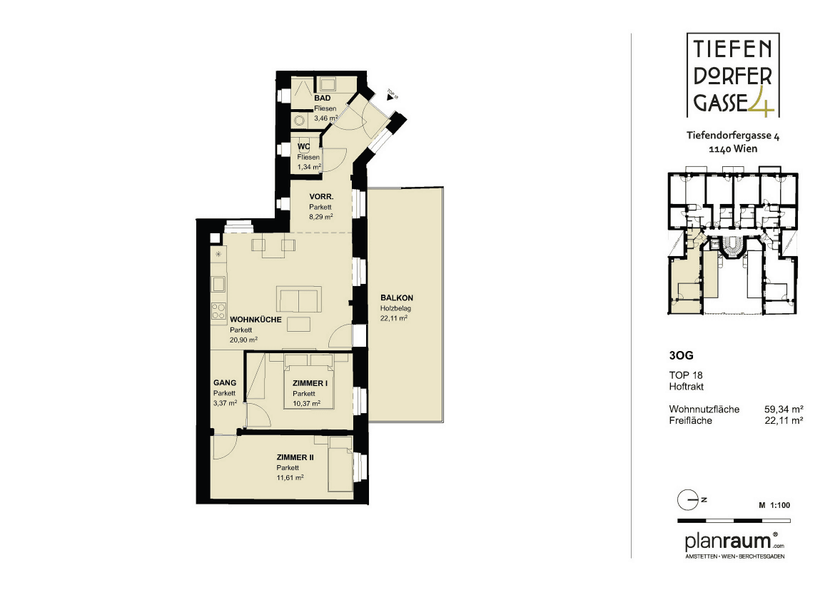 Grundriss TOP 18 — Tiefendorfer4 — 3 Zimmer — 59,3 m² — 2nd floor — Wohnfläche 61.25 m², Balkon 21.6 m², Ausrichtung: Nordseite