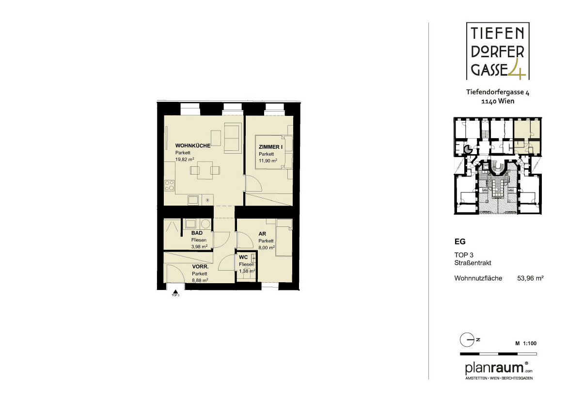 Grundriss TOP 3 — Tiefendorfer4 — 3 Zimmer — 54 m² — Ground floor — Wohnfläche 53.69 m², Ausrichtung: Westseite