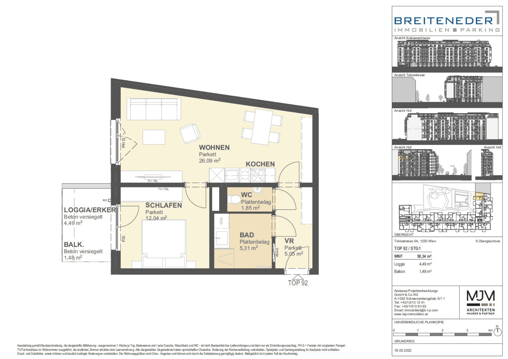 Grundriss Top 92 — Tokiostraße 5 / Arakawastraße 3 - Das Arakawa — 2 Zimmer — 50,3 m² — 6th floor — Balcony, Loggia — Grundriss 2/2