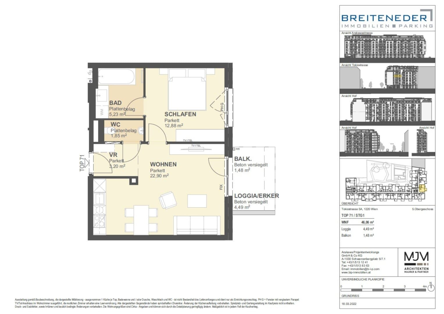 Grundriss Top 71 — Tokiostraße 5 / Arakawastraße 3 - Das Arakawa — 2 Zimmer — 46,1 m² — 5th floor — Balcony, Loggia