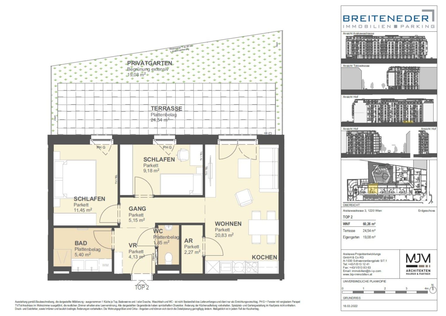 Grundriss Top 2 — Tokiostraße 5 / Arakawastraße 3 - Das Arakawa — 3 Zimmer — 60,3 m² — Ground floor — Terrace, Garden — Grundriss 1/2
