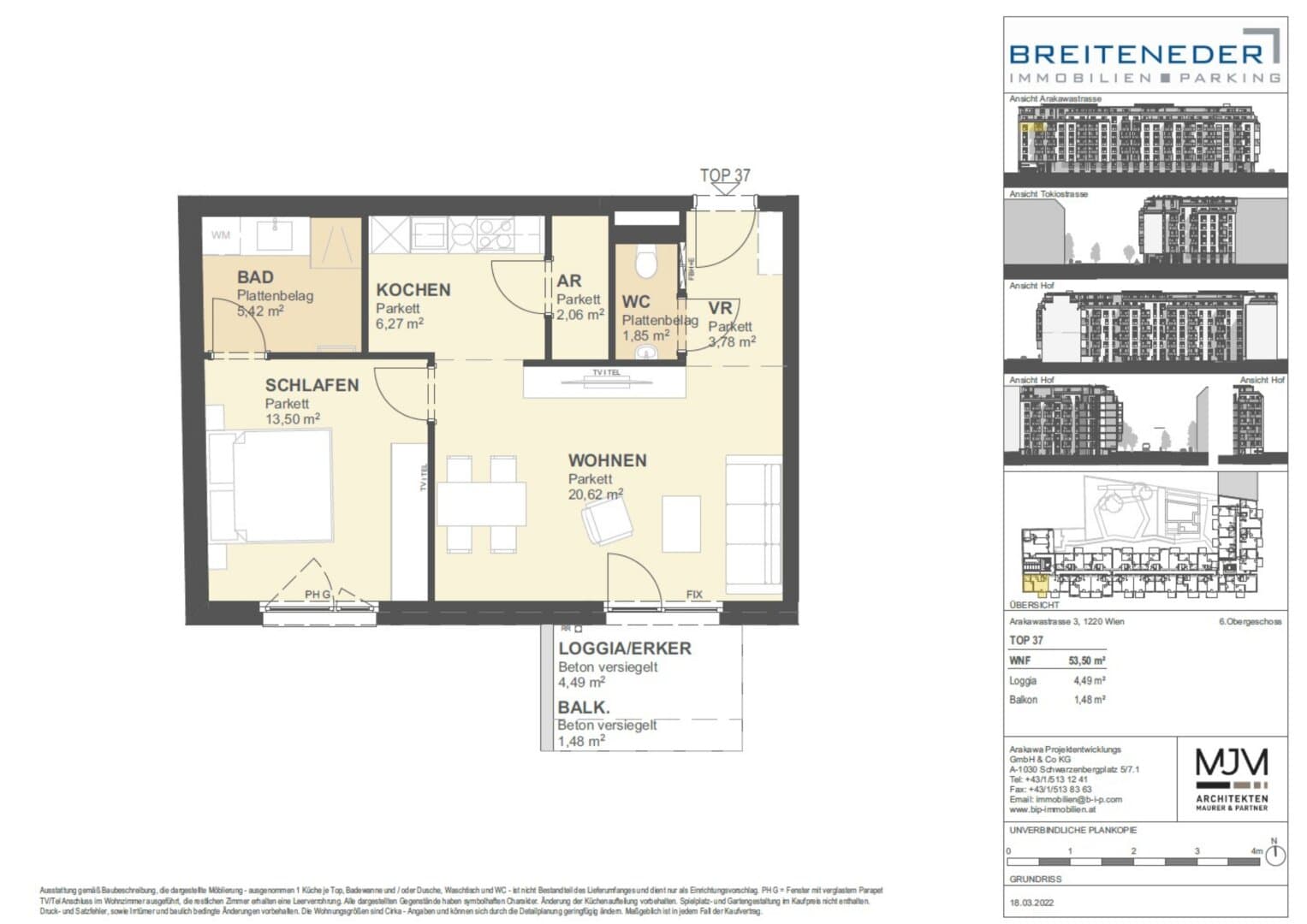 Grundriss Top 37 — Tokiostraße 5 / Arakawastraße 3 - Das Arakawa — 2 Zimmer — 53,5 m² — 6th floor — Balcony, Loggia — Grundriss 1/2