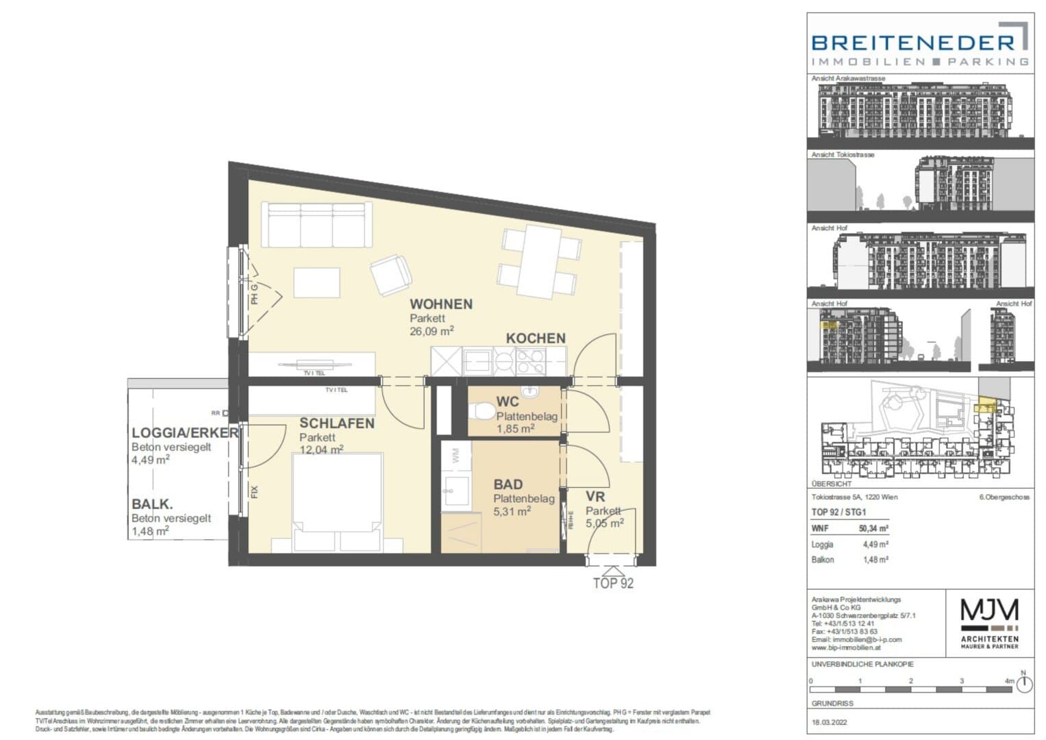 Grundriss Top 92 — Tokiostraße 5 / Arakawastraße 3 - Das Arakawa — 2 Zimmer — 50,3 m² — 6th floor — Balcony, Loggia — Grundriss 1/2