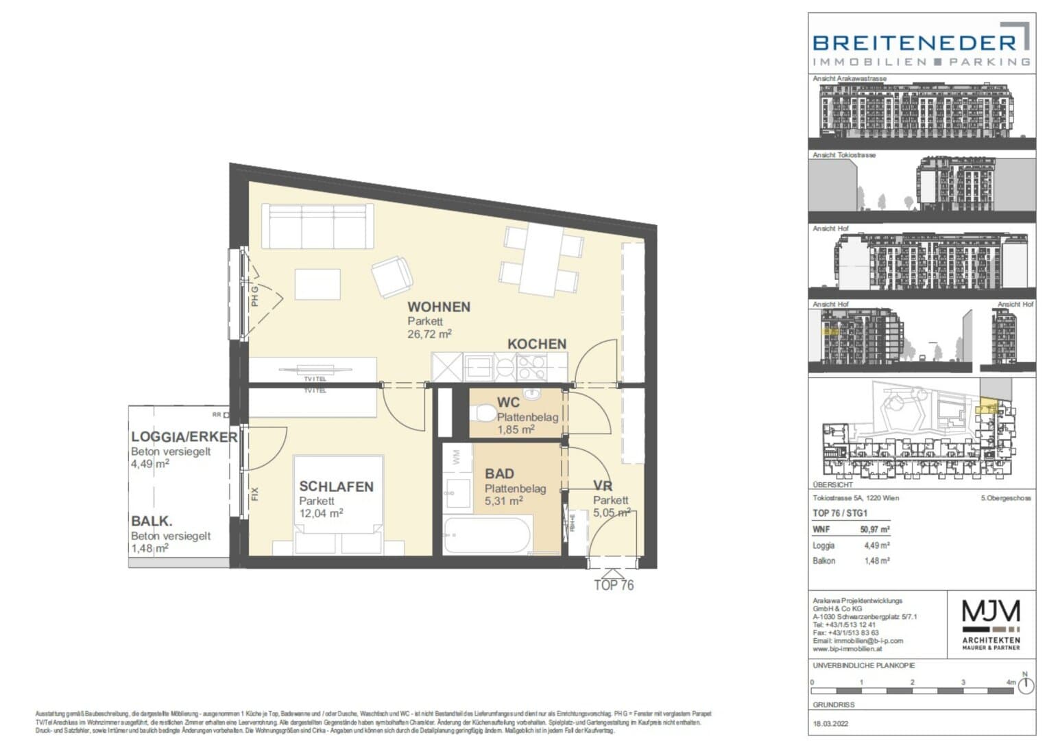 Grundriss Top 76 — Tokiostraße 5 / Arakawastraße 3 - Das Arakawa — 2 Zimmer — 51 m² — 5th floor — Balcony, Loggia — Grundriss 1/2