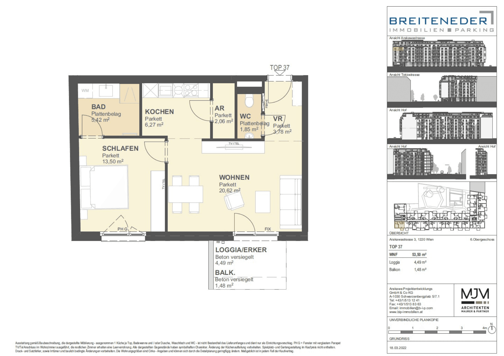 Grundriss Top 37 — Tokiostraße 5 / Arakawastraße 3 - Das Arakawa — 2 Zimmer — 53,5 m² — 6th floor — Balcony, Loggia — Grundriss 2/2