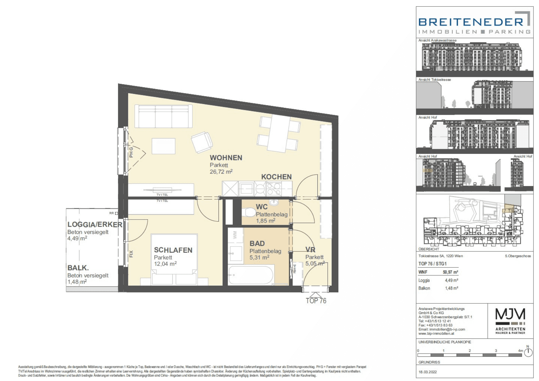 Grundriss Top 76 — Tokiostraße 5 / Arakawastraße 3 - Das Arakawa — 2 Zimmer — 51 m² — 5th floor — Balcony, Loggia — Grundriss 2/2