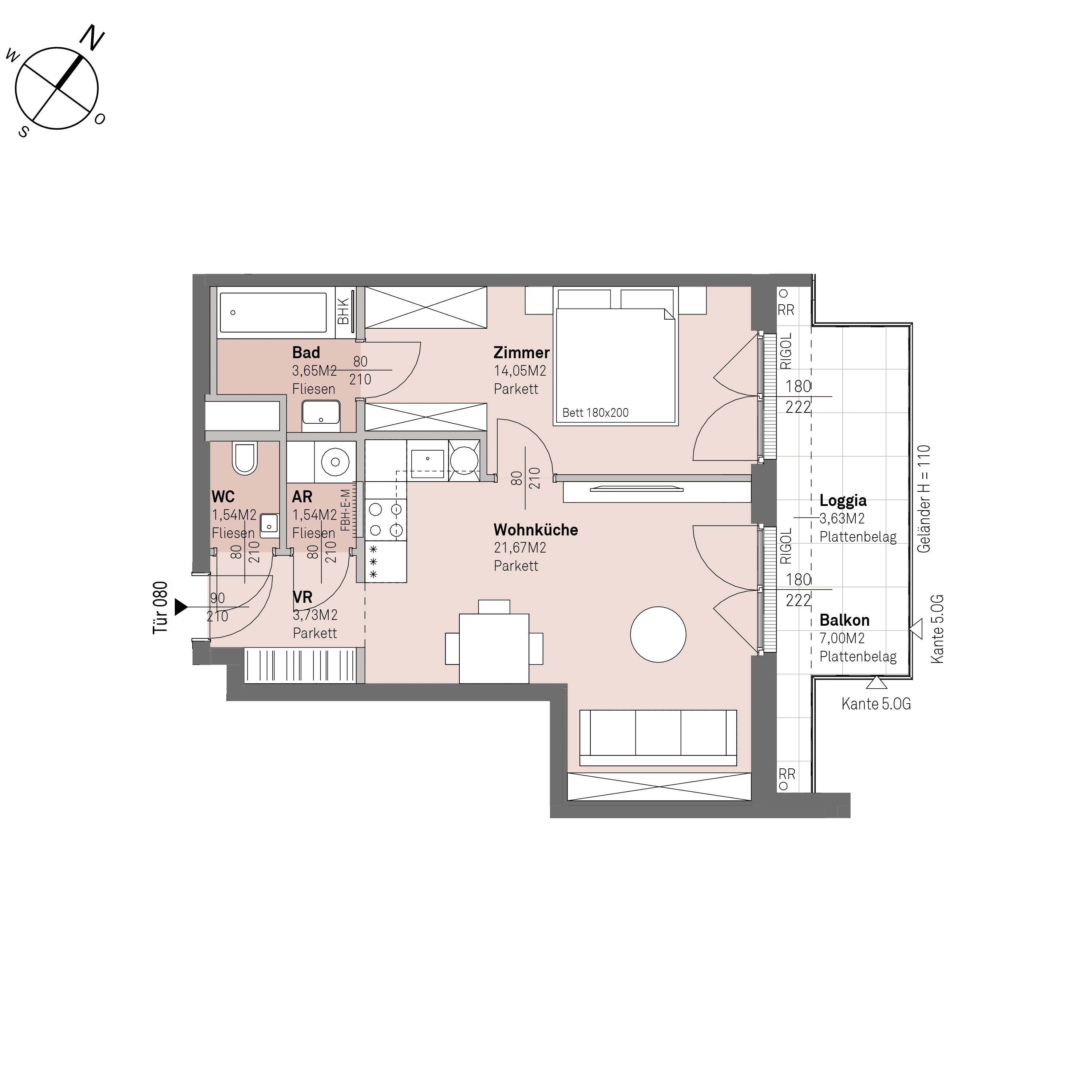 Grundriss Top 2/80 — Traisengasse 20–22 — 2 Zimmer — 46,2 m² — 4th floor — N/O