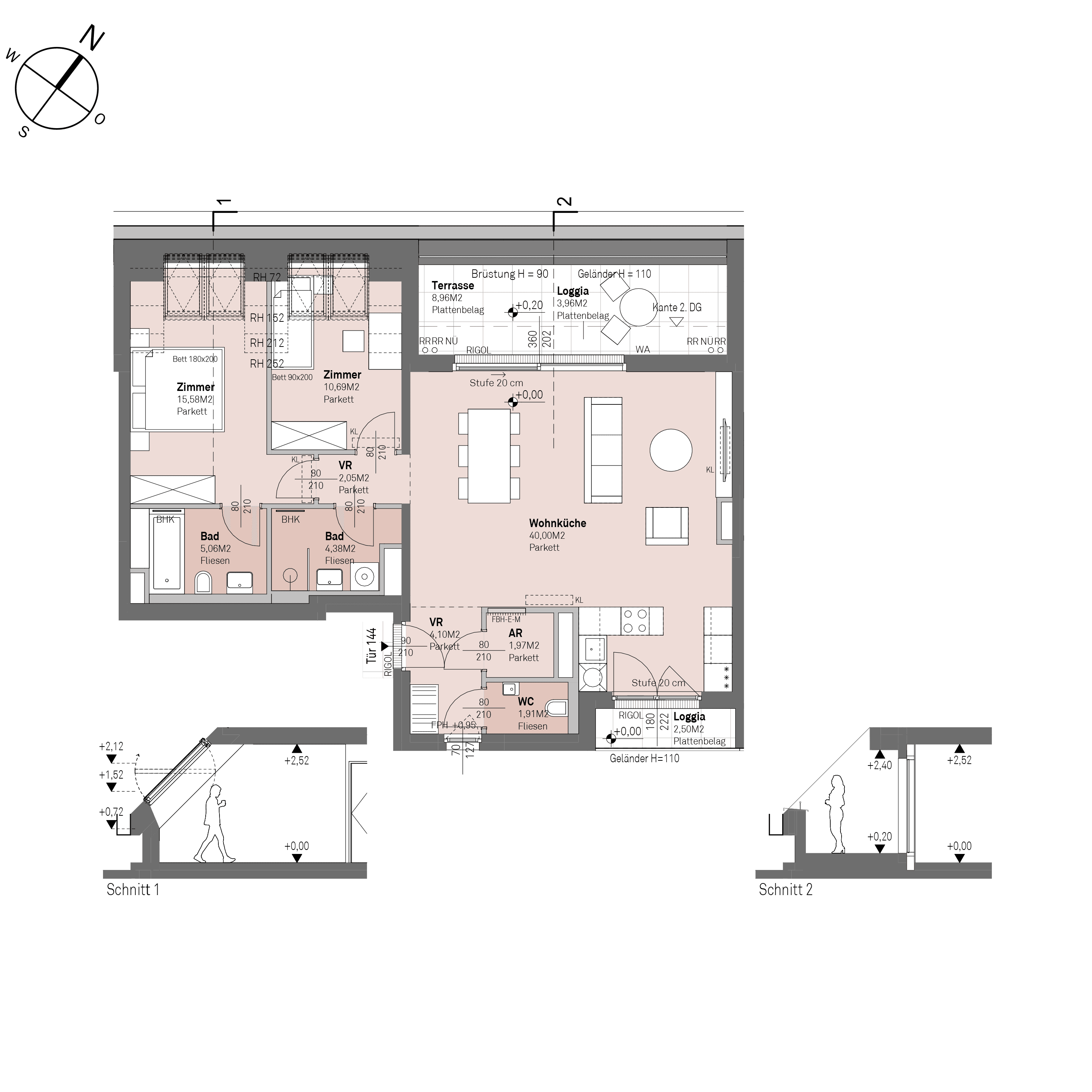 Grundriss Top 2/144 — Traisengasse 20–22 — 3 Zimmer — 85,7 m² — 1st attic floor — N/W