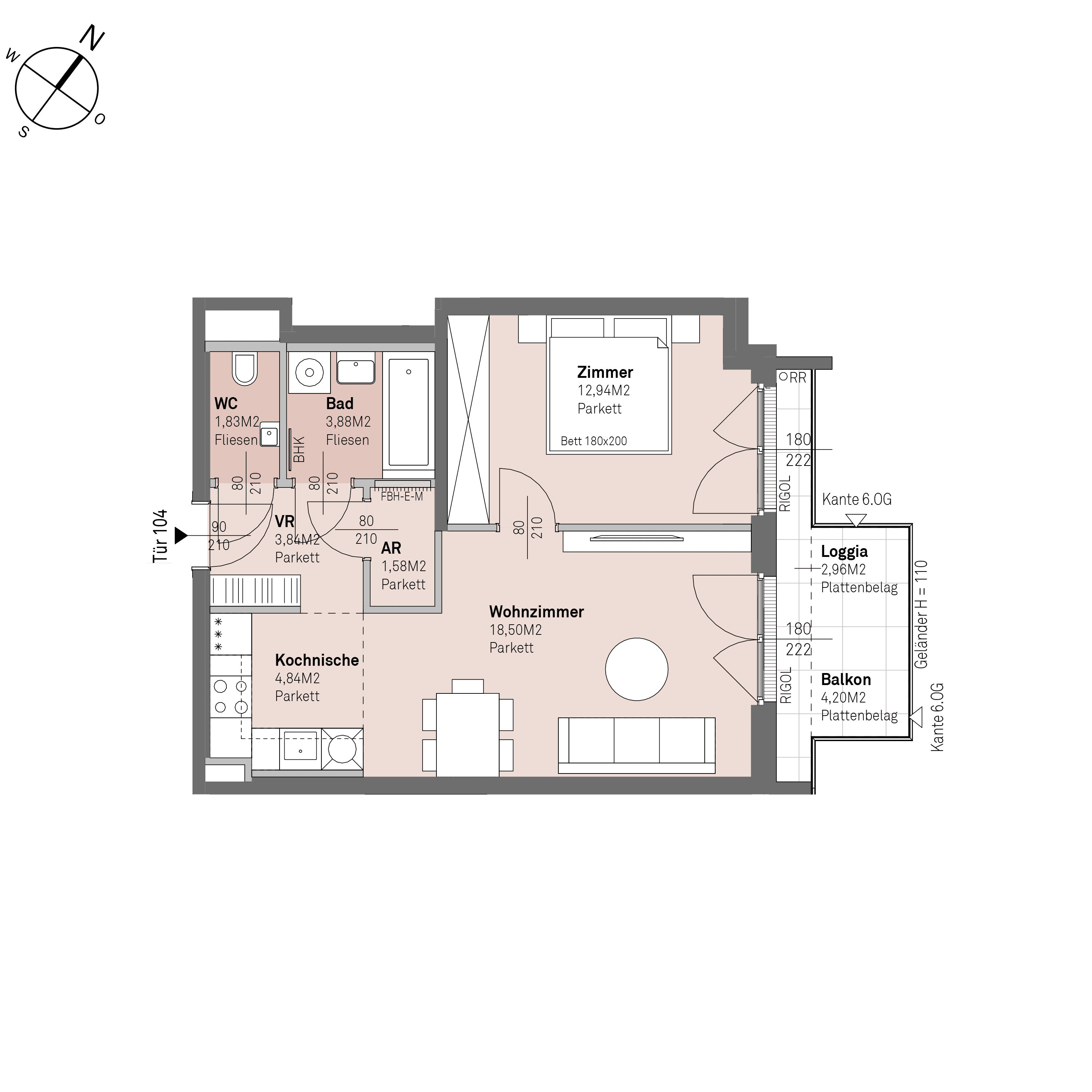 Grundriss Top 2/104 — Traisengasse 20–22 — 2 Zimmer — 47,4 m² — 5th floor — N/O