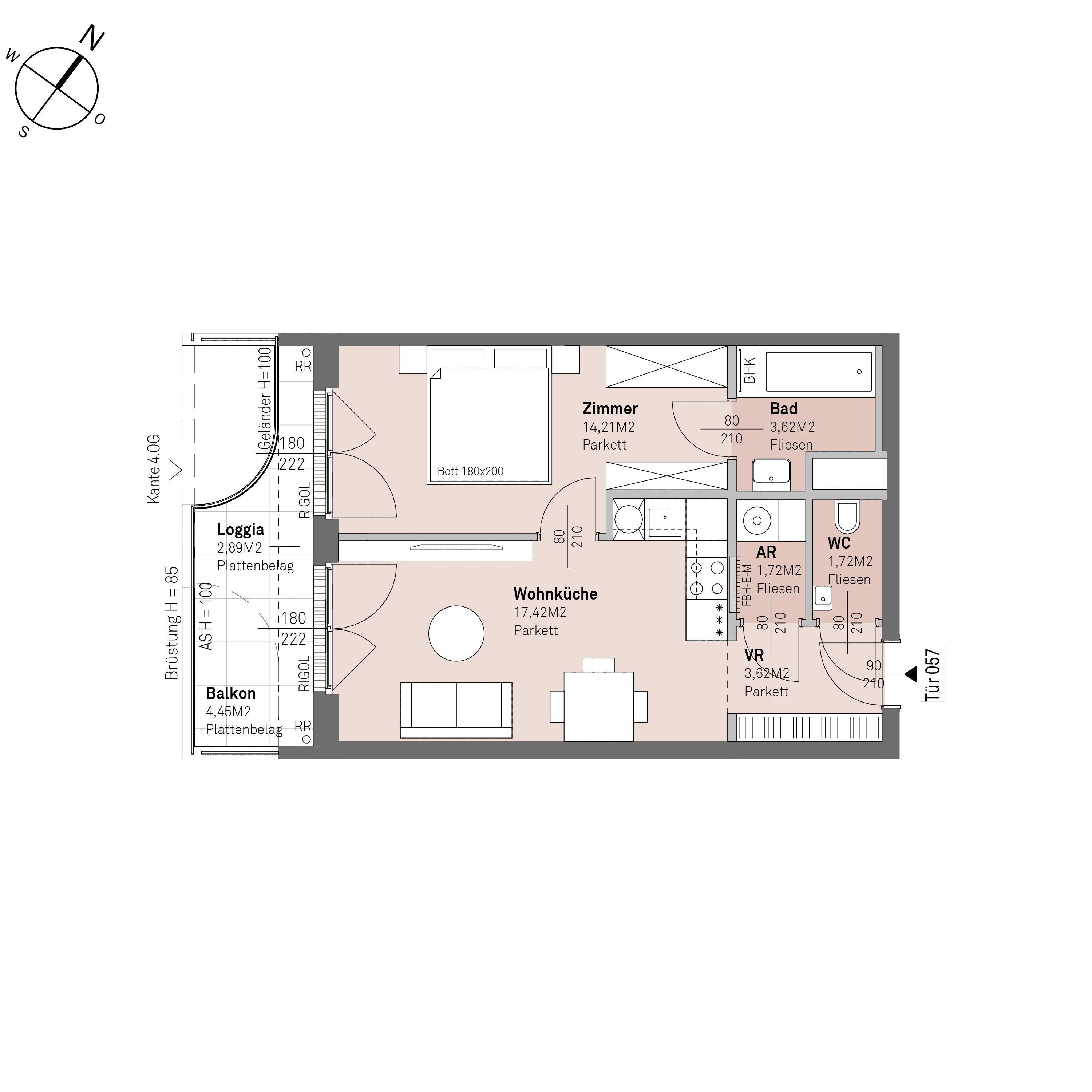 Grundriss Top 2/57 — Traisengasse 20–22 — 2 Zimmer — 42,3 m² — 3rd floor — S/W
