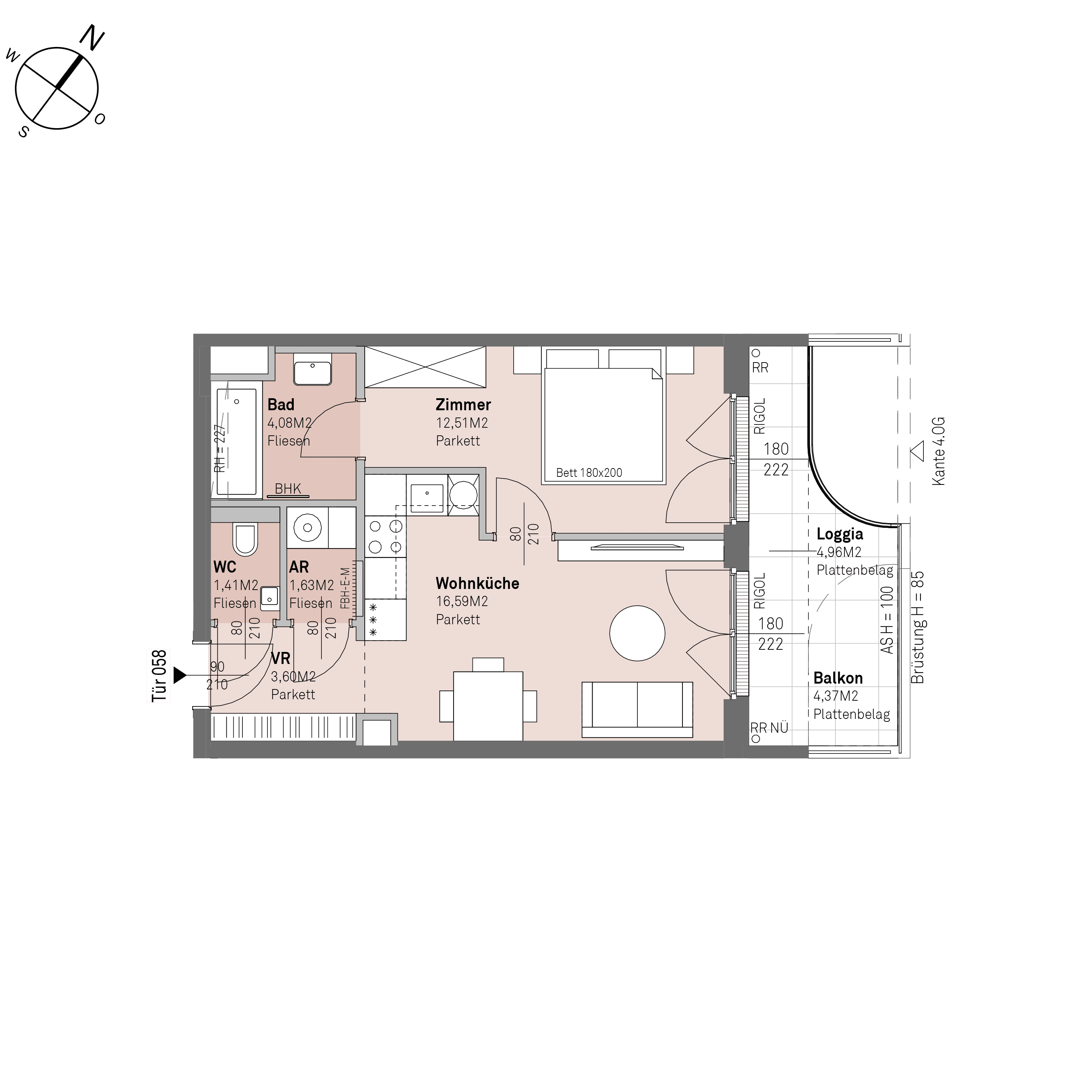 Grundriss Top 1/58 — Traisengasse 20–22 — 2 Zimmer — 39,8 m² — 3rd floor — N/O