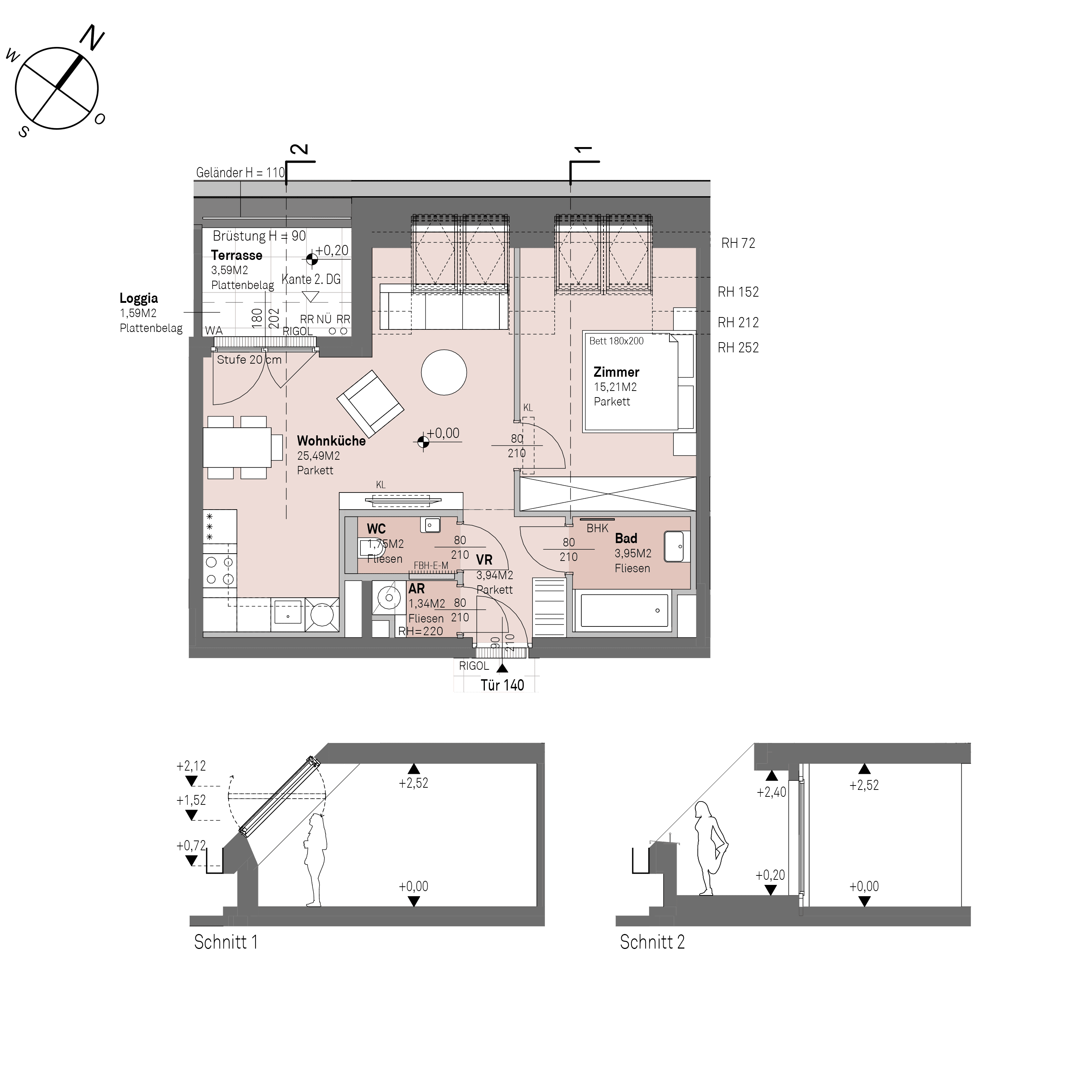 Grundriss Top 1/140 — Traisengasse 20–22 — 2 Zimmer — 51,7 m² — 1st attic floor — N/W