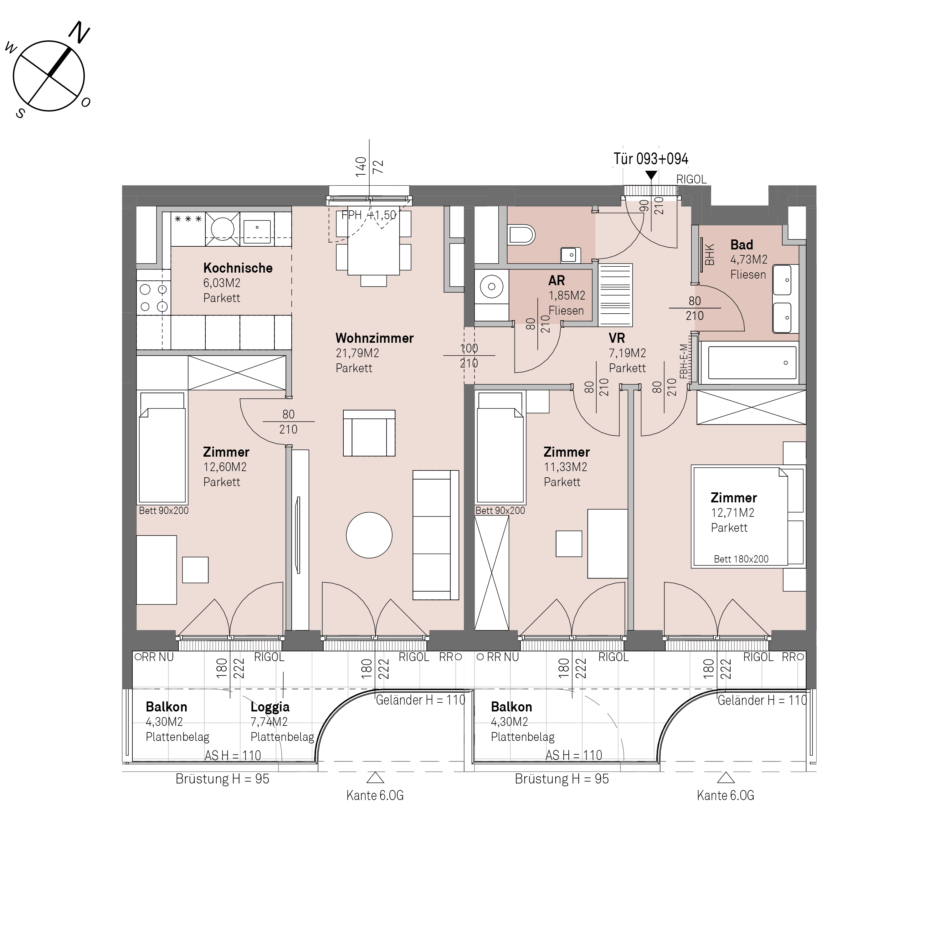 Grundriss Top 2/093+094 — Traisengasse 20–22 — 4 Zimmer — 79,7 m² — 5th floor — O/S