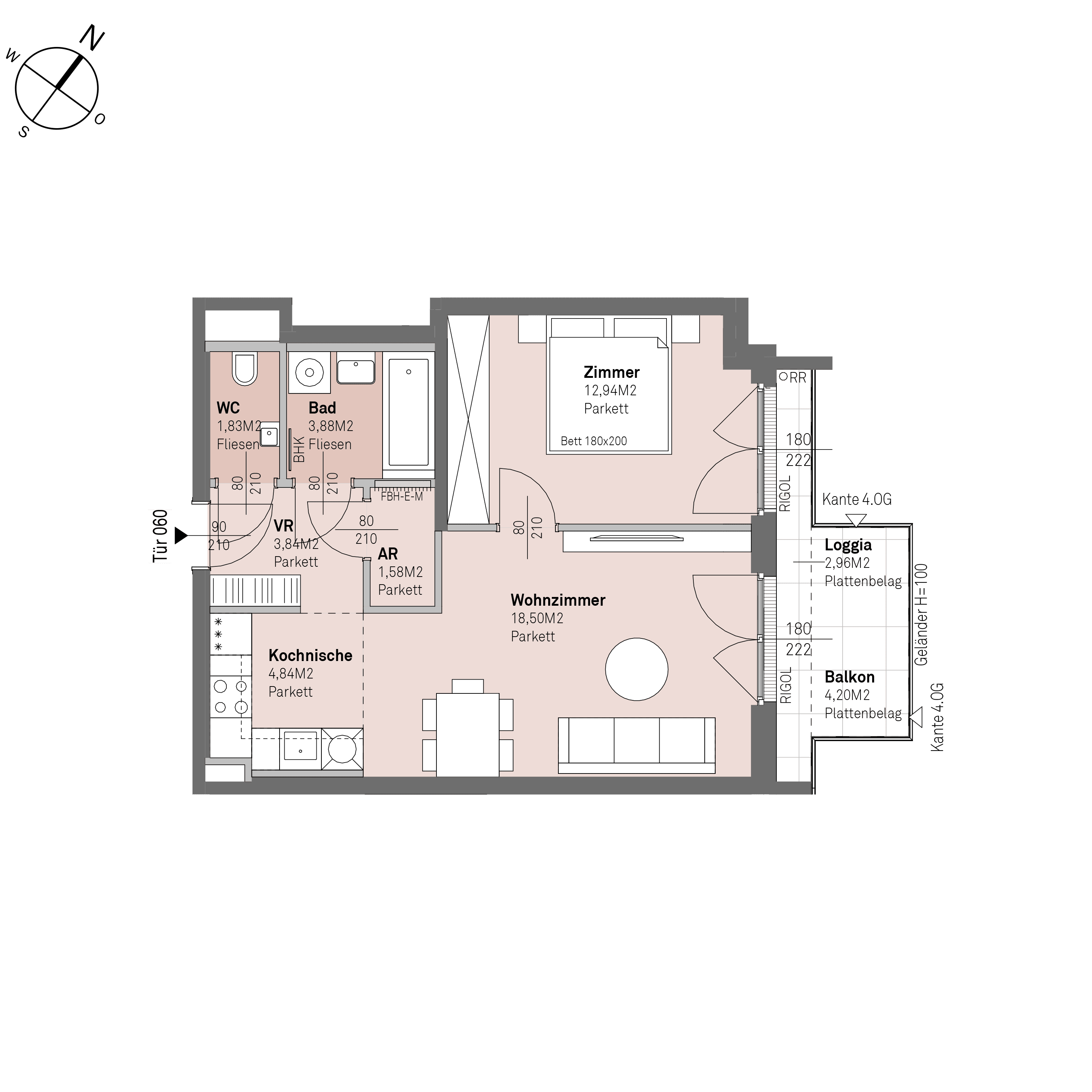 Grundriss Top 2/60 — Traisengasse 20–22 — 2 Zimmer — 47,4 m² — 3rd floor — N/O