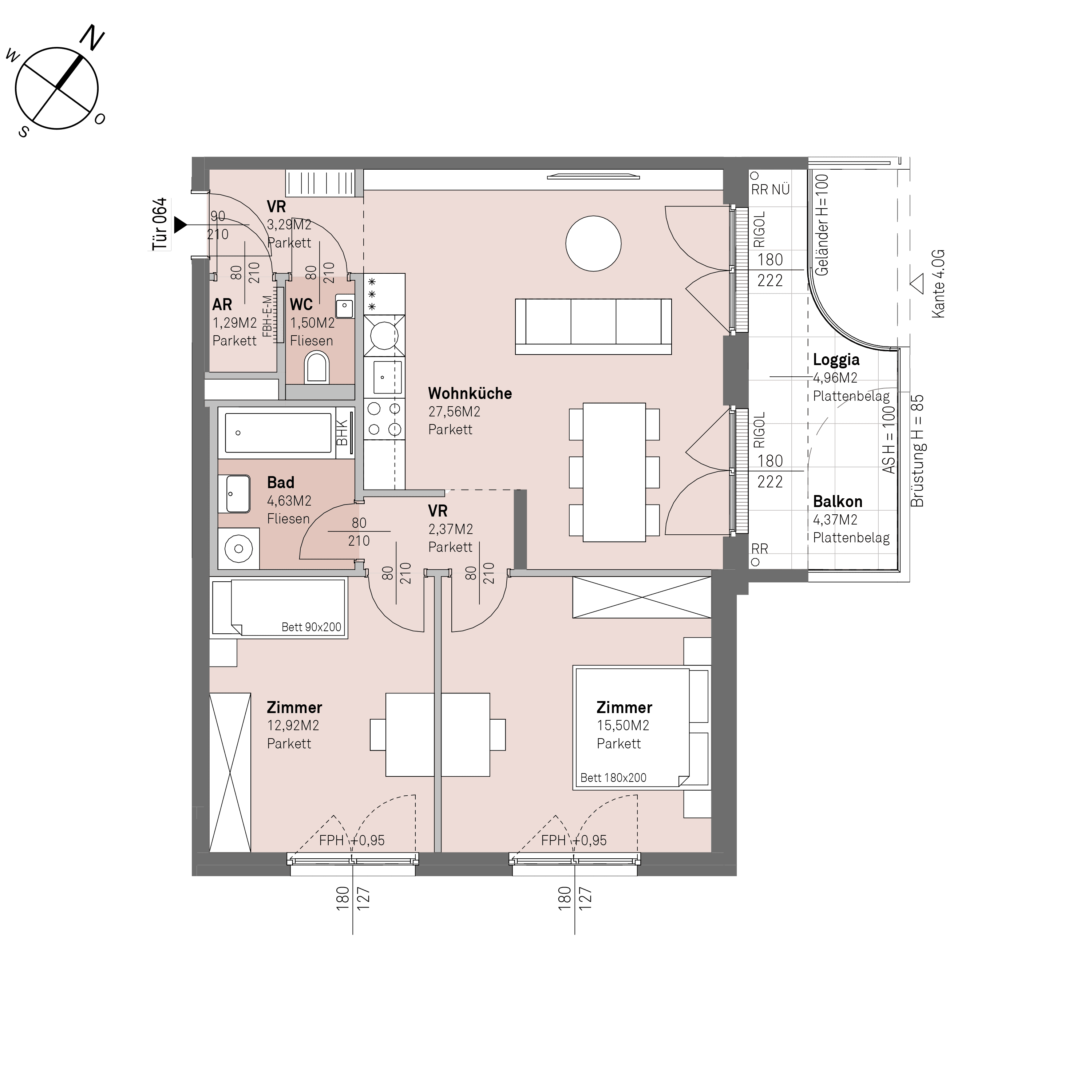 Grundriss Top 1/64 — Traisengasse 20–22 — 3 Zimmer — 69,1 m² — 3rd floor — N/O/S