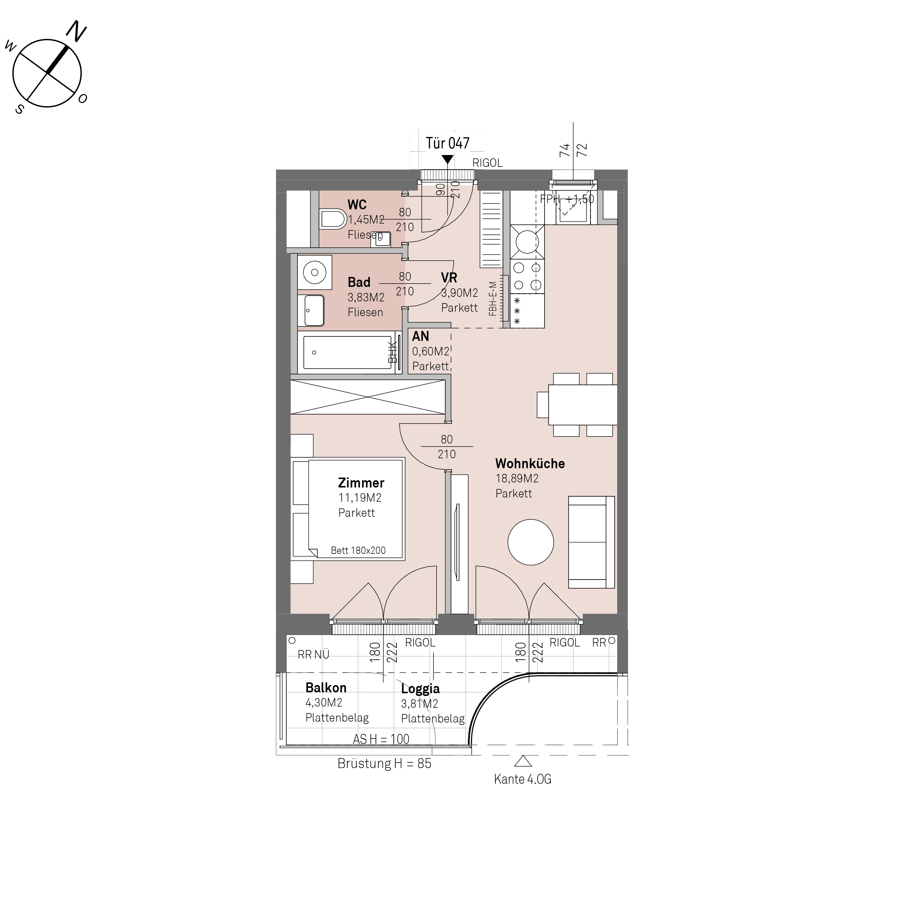 Grundriss Top 2/47 — Traisengasse 20–22 — 2 Zimmer — 39,9 m² — 3rd floor — O/S