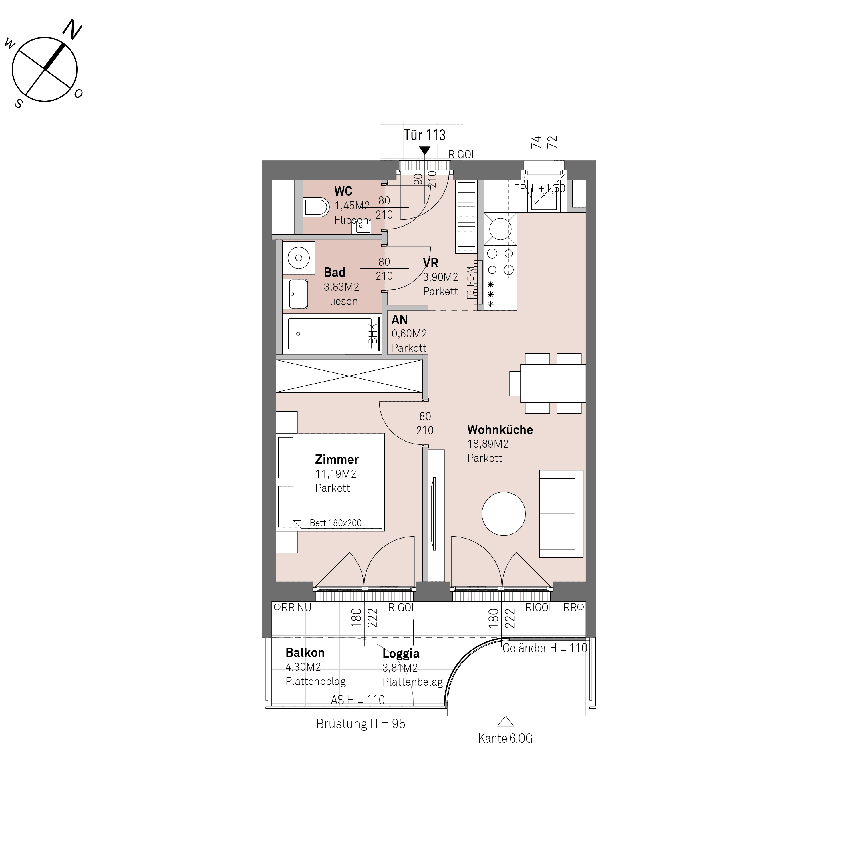 Grundriss Top 1/113 — Traisengasse 20–22 — 2 Zimmer — 39,9 m² — 5th floor — O/S