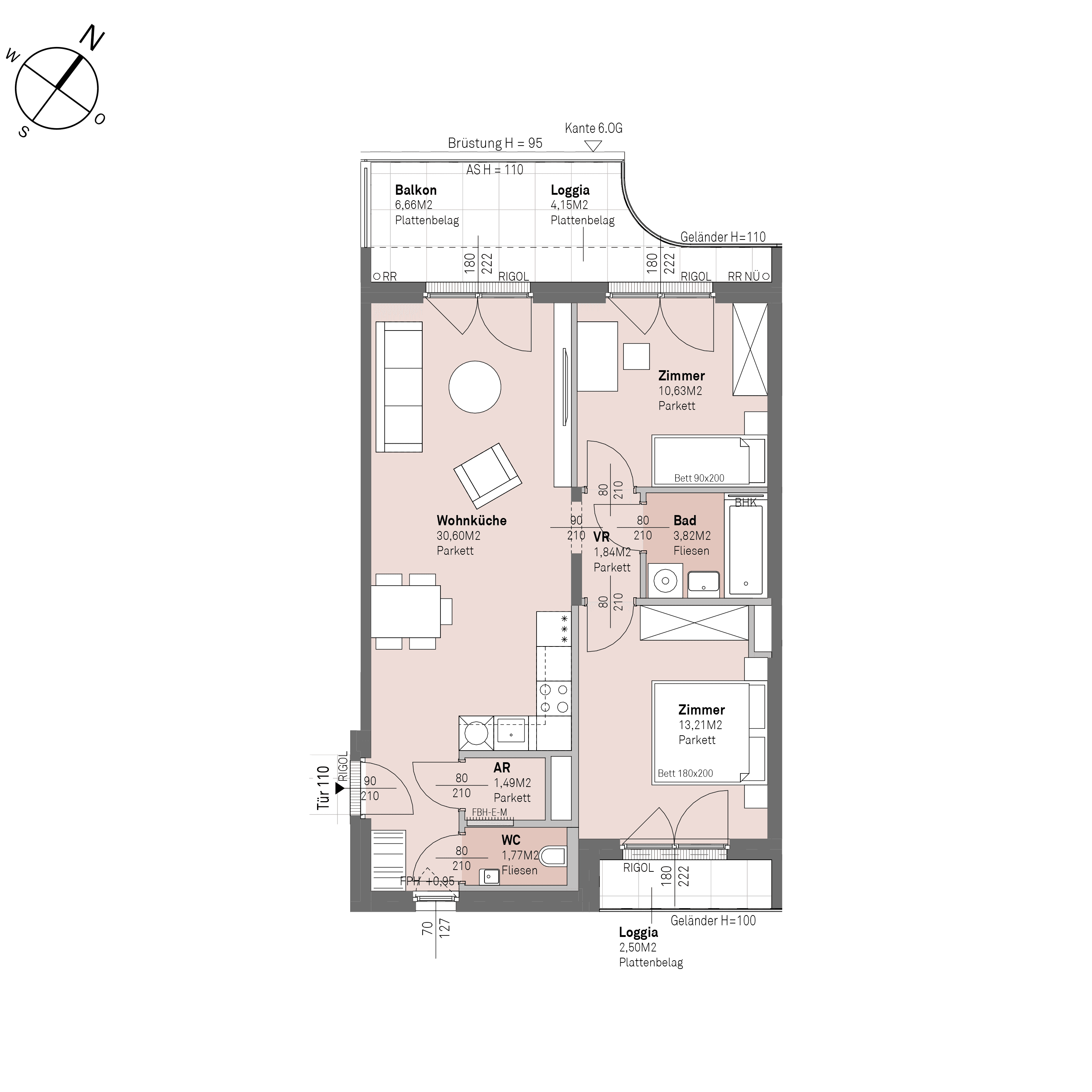 Grundriss Top 2/110 — Traisengasse 20–22 — 3 Zimmer — 63,4 m² — 5th floor — N/W