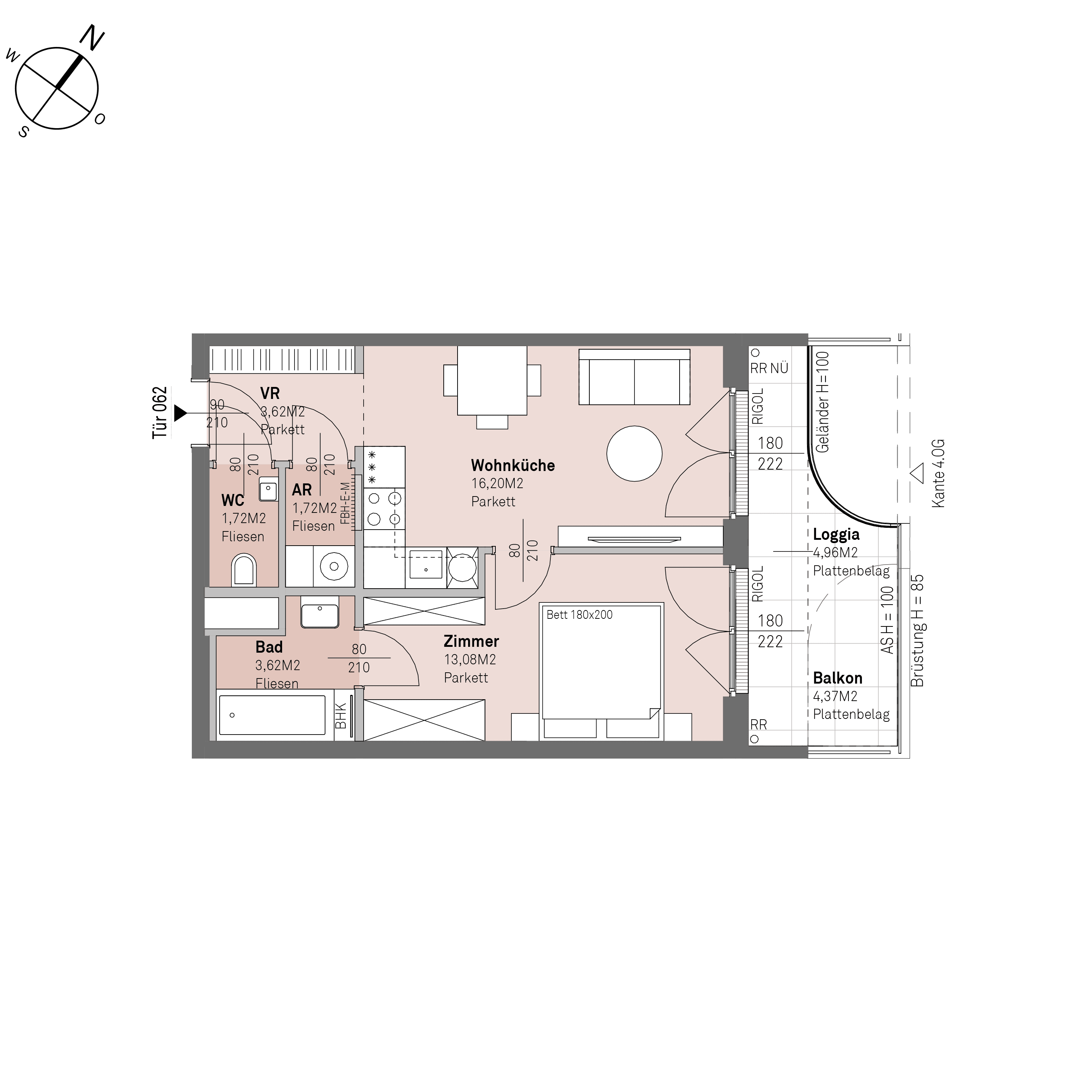 Grundriss Top 1/62 — Traisengasse 20–22 — 2 Zimmer — 40 m² — 3rd floor — N/O