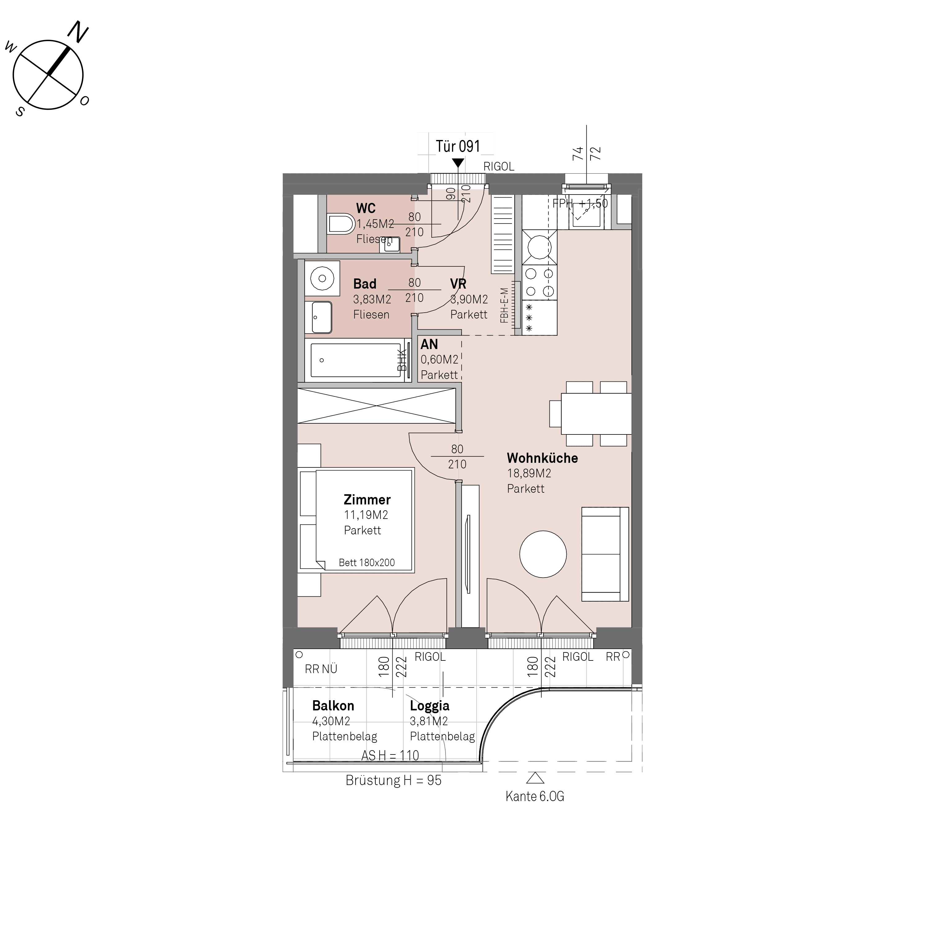 Grundriss Top 2/91 — Traisengasse 20–22 — 2 Zimmer — 39,9 m² — 5th floor — O/S