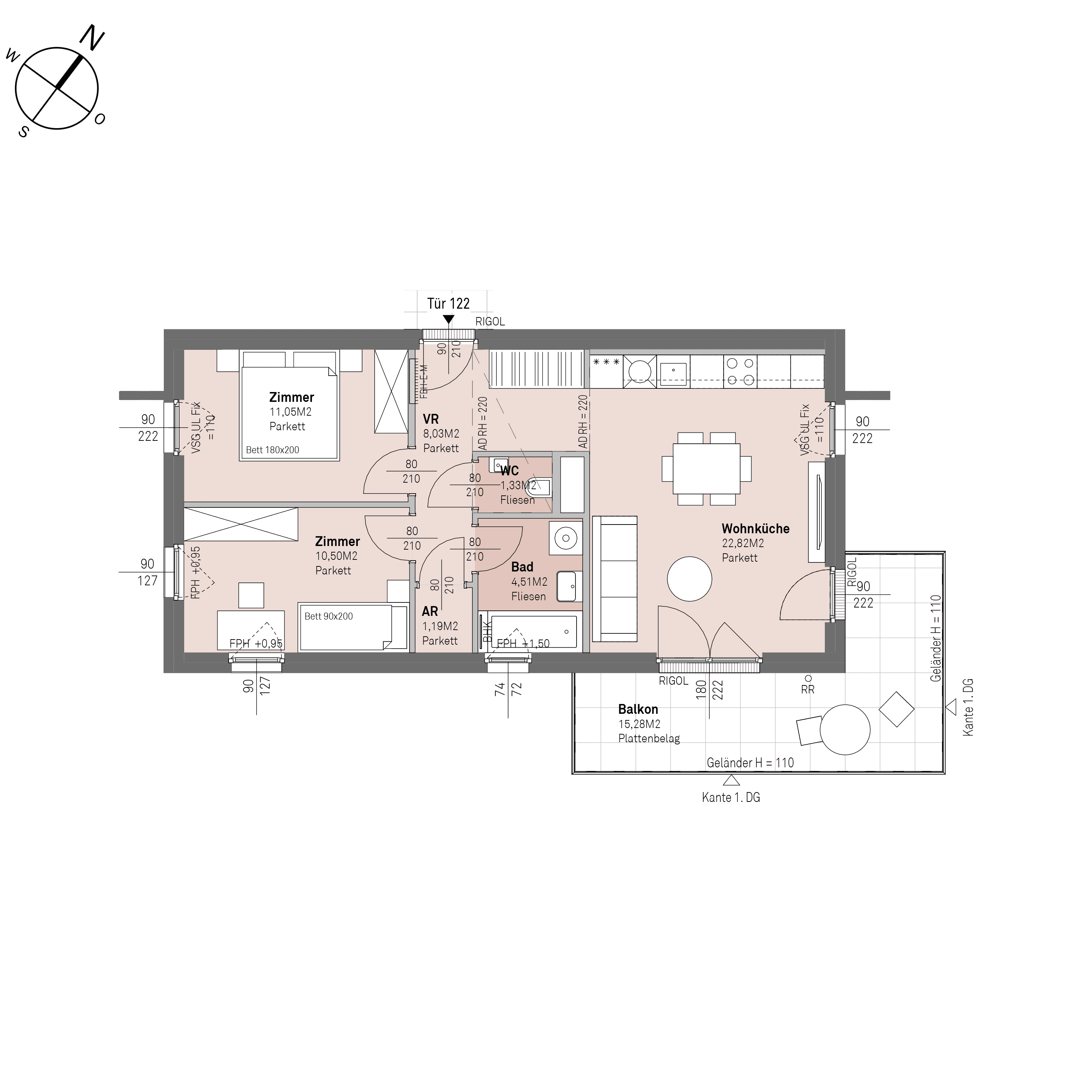 Grundriss Top 1/122 — Traisengasse 20–22 — 3 Zimmer — 59,4 m² — 6th floor
