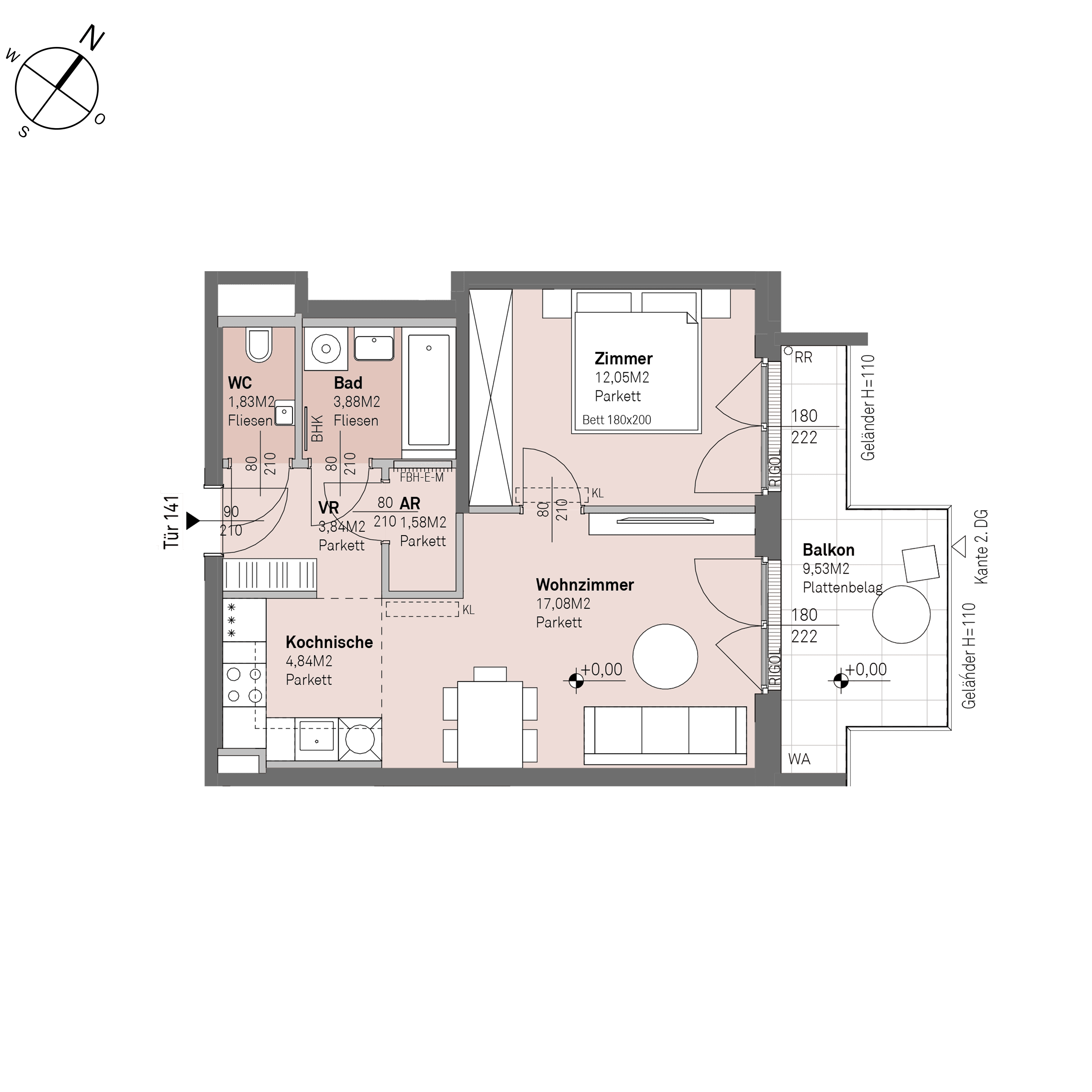 Grundriss Top 2/141 — Traisengasse 20–22 — 2 Zimmer — 45,1 m² — 1st attic floor — N/O