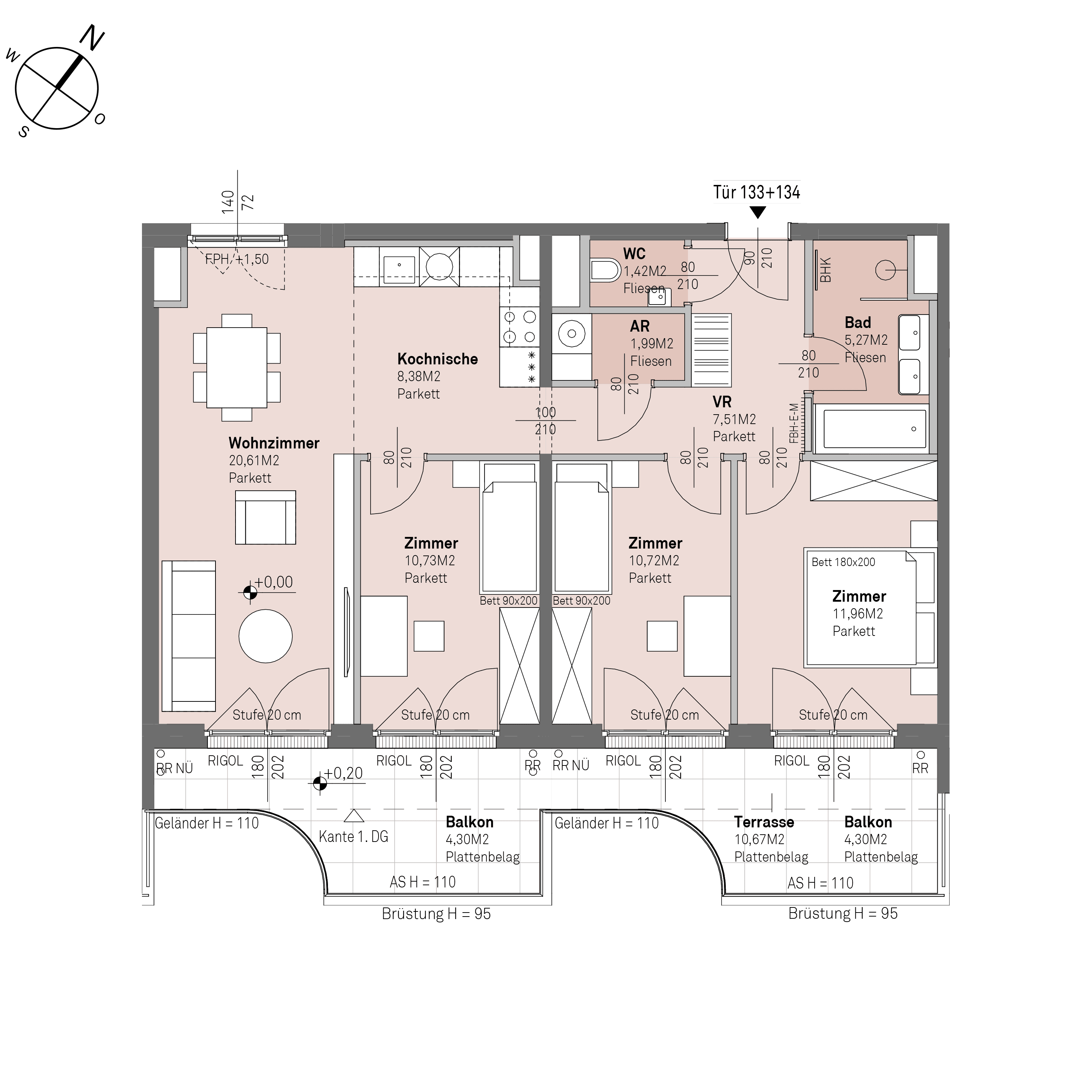 Grundriss Top 1/133+134 — Traisengasse 20–22 — 4 Zimmer — 78,6 m² — 6th floor — O/S