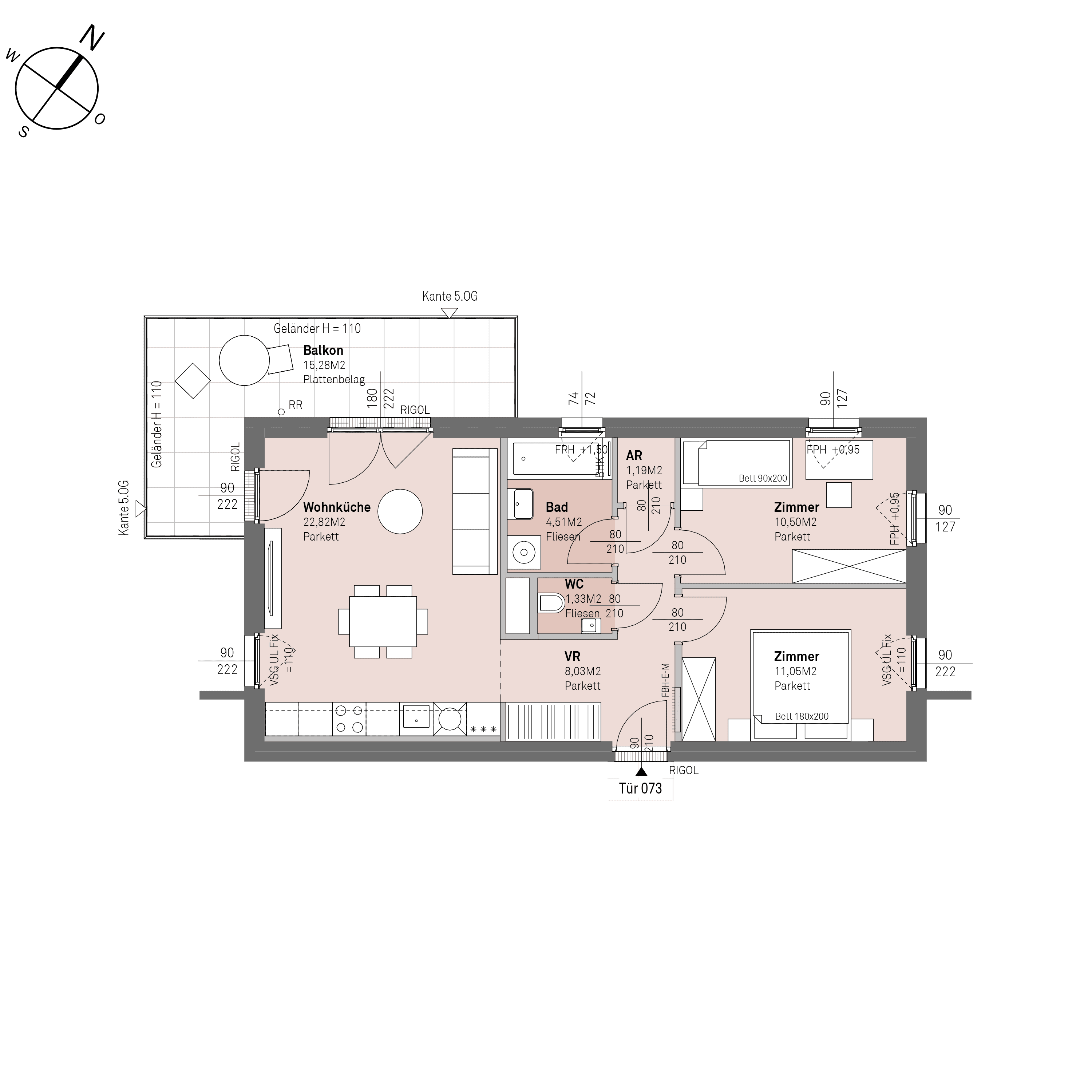Grundriss Top 2/73 — Traisengasse 20–22 — 3 Zimmer — 59,4 m² — 4th floor