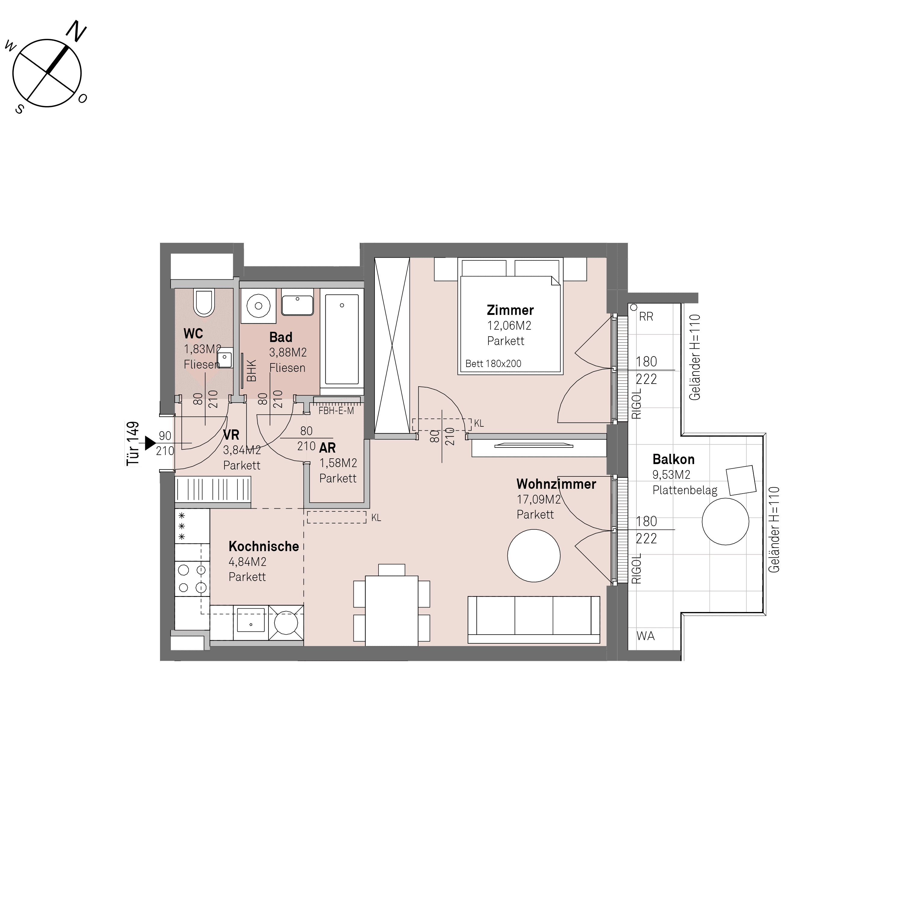 Grundriss Top 2/149 — Traisengasse 20–22 — 2 Zimmer — 45,1 m² — 2nd attic floor — N/O