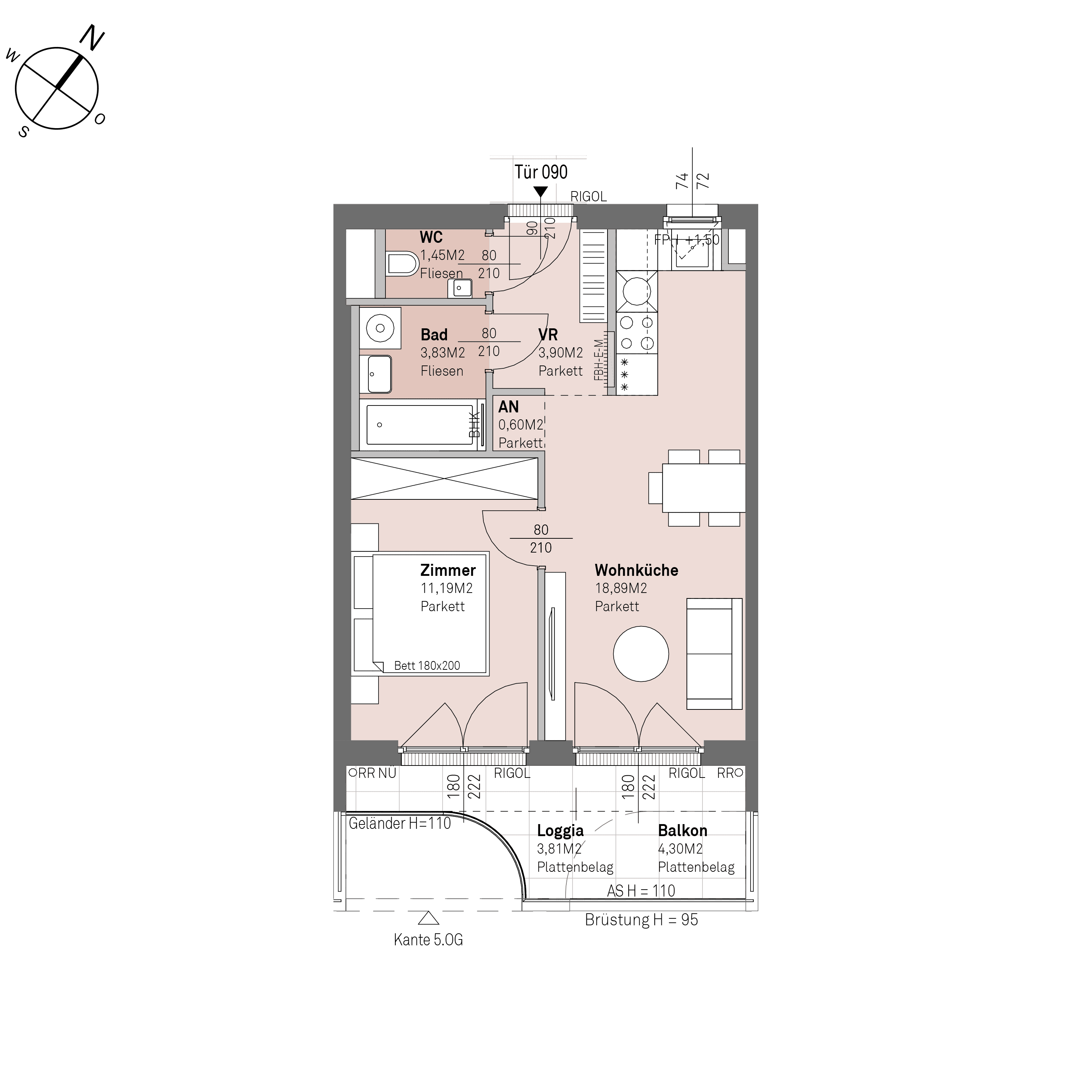 Grundriss Top 1/90 — Traisengasse 20–22 — 2 Zimmer — 39,9 m² — 4th floor — O/S