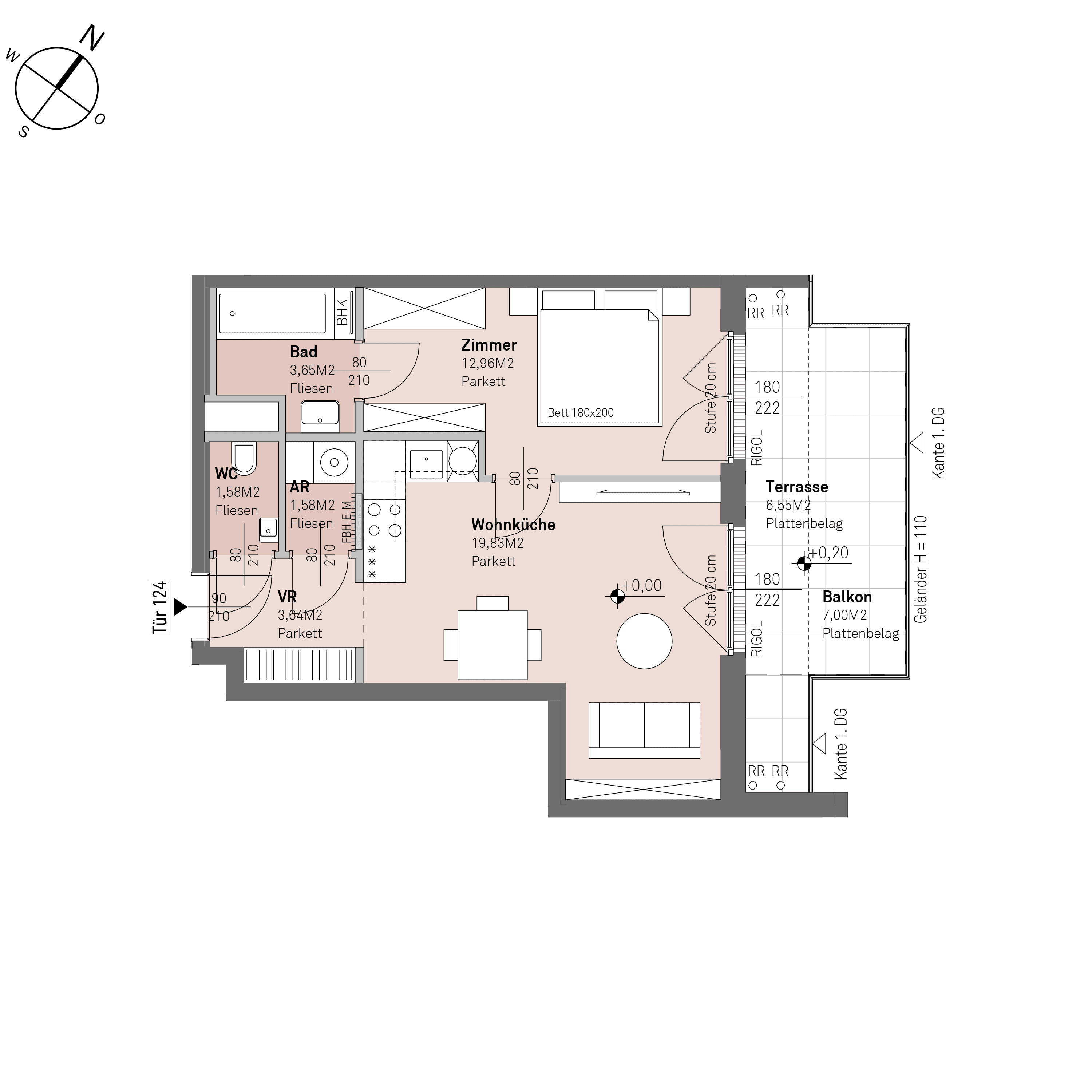 Grundriss Top 2/124 — Traisengasse 20–22 — 2 Zimmer — 43,2 m² — 6th floor — N/O