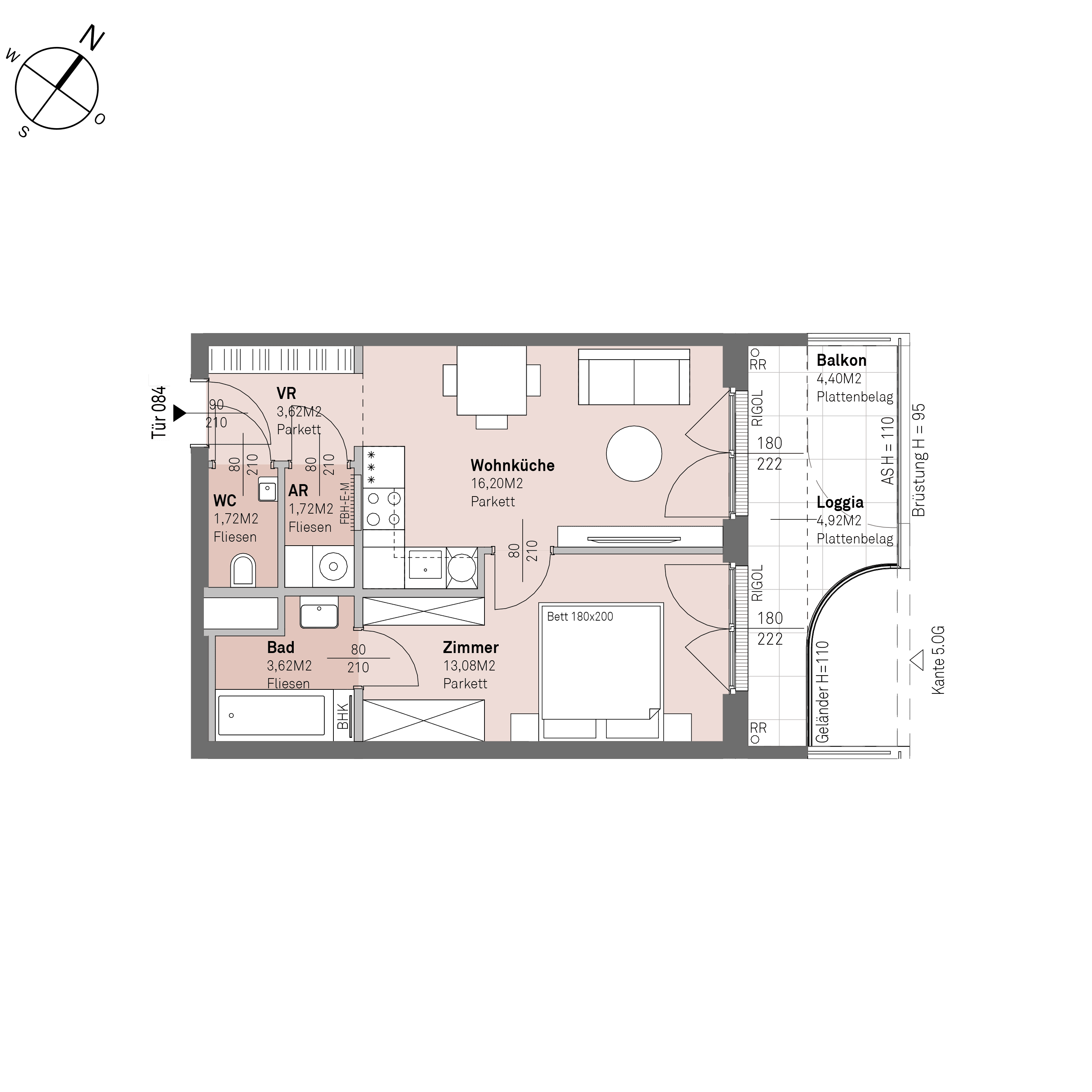 Grundriss Top 1/84 — Traisengasse 20–22 — 2 Zimmer — 40 m² — 4th floor — N/O