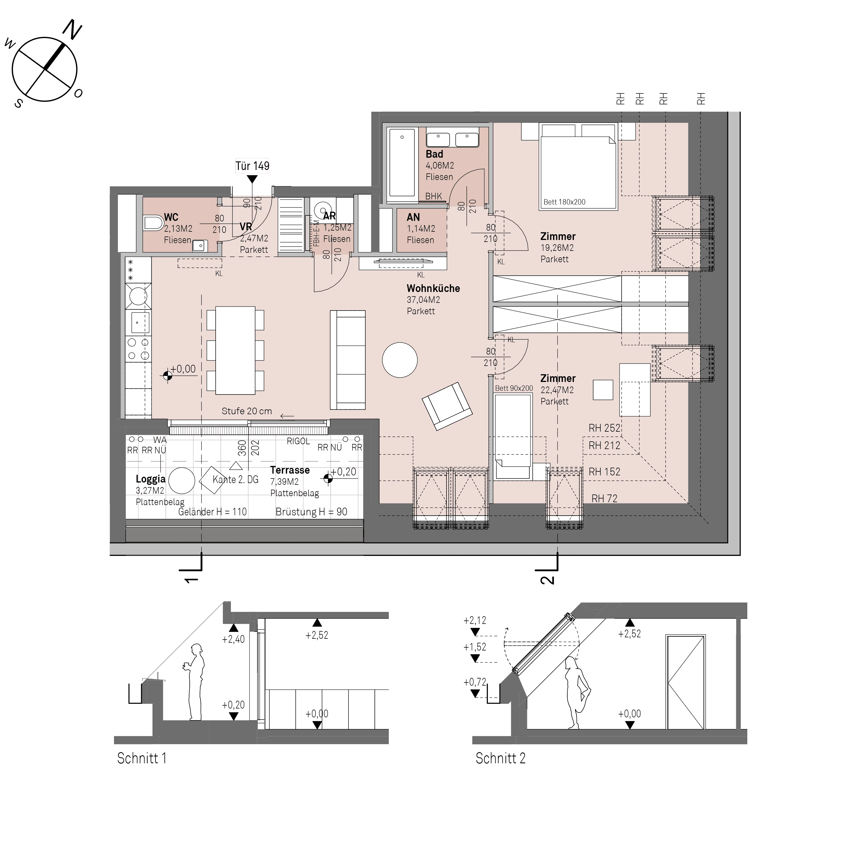 Grundriss Top 1/149 — Traisengasse 20–22 — 3 Zimmer — 89,8 m² — 1st attic floor — N/O/S