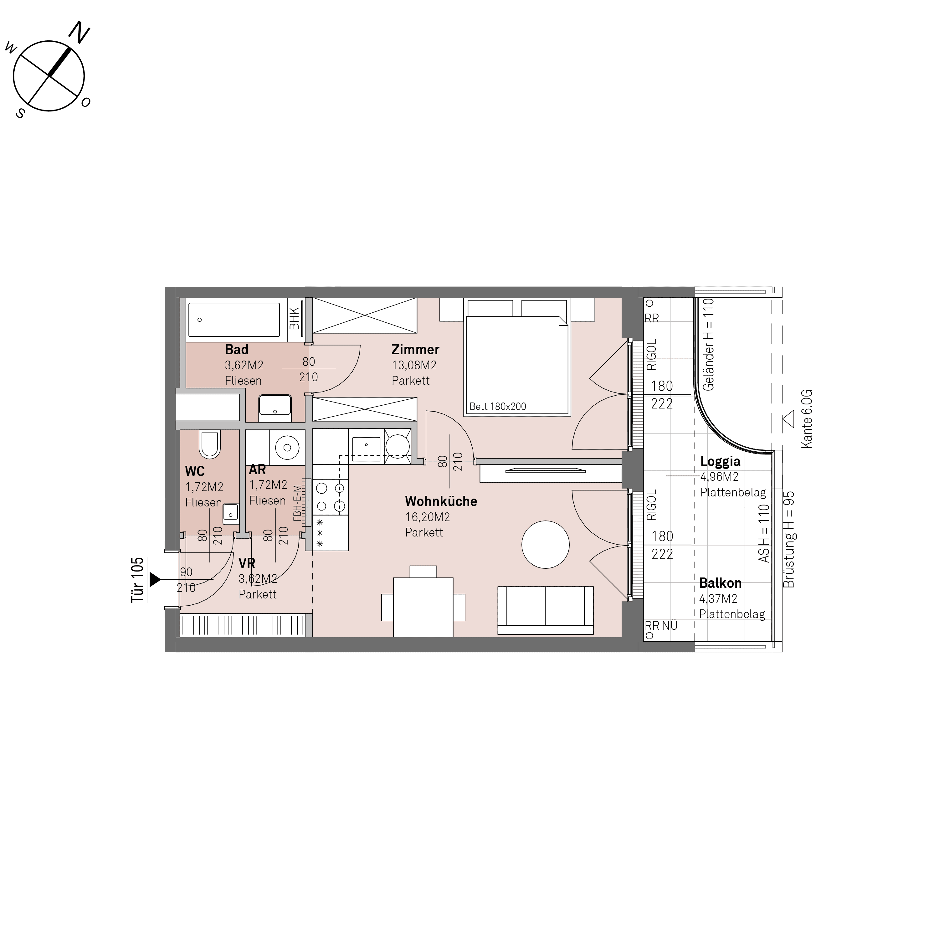 Grundriss Top 1/105 — Traisengasse 20–22 — 2 Zimmer — 40 m² — 5th floor — N/O