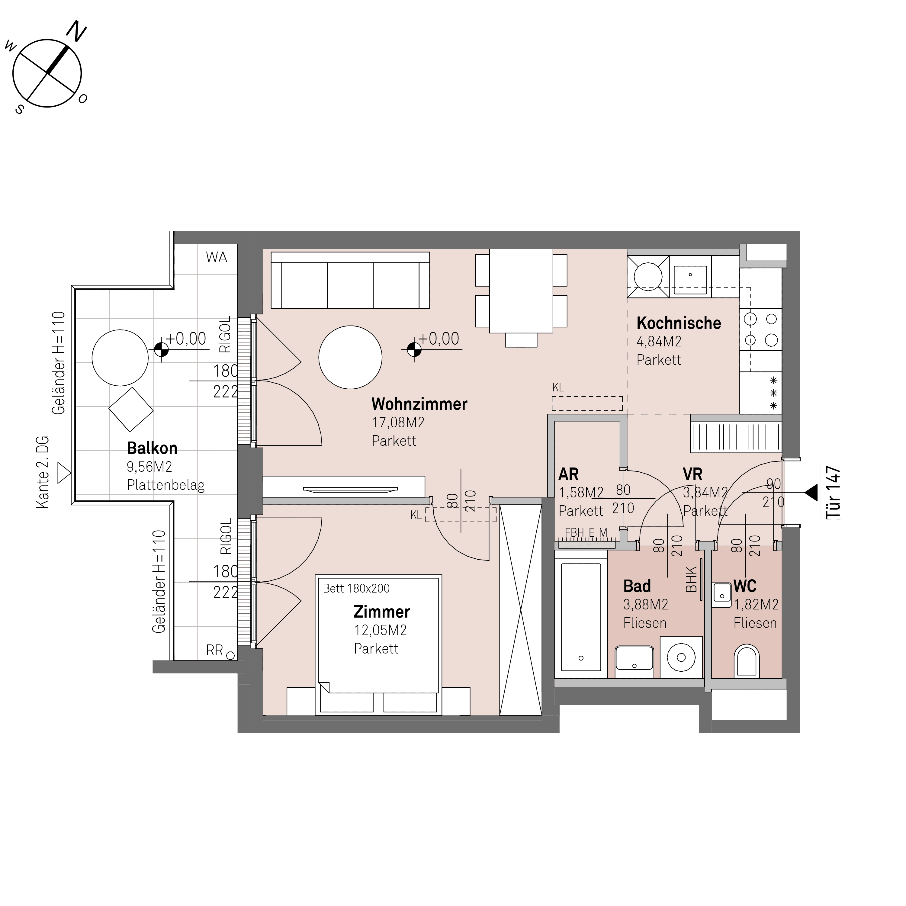 Grundriss Top 1/147 — Traisengasse 20–22 — 2 Zimmer — 45,1 m² — 1st attic floor — S/W