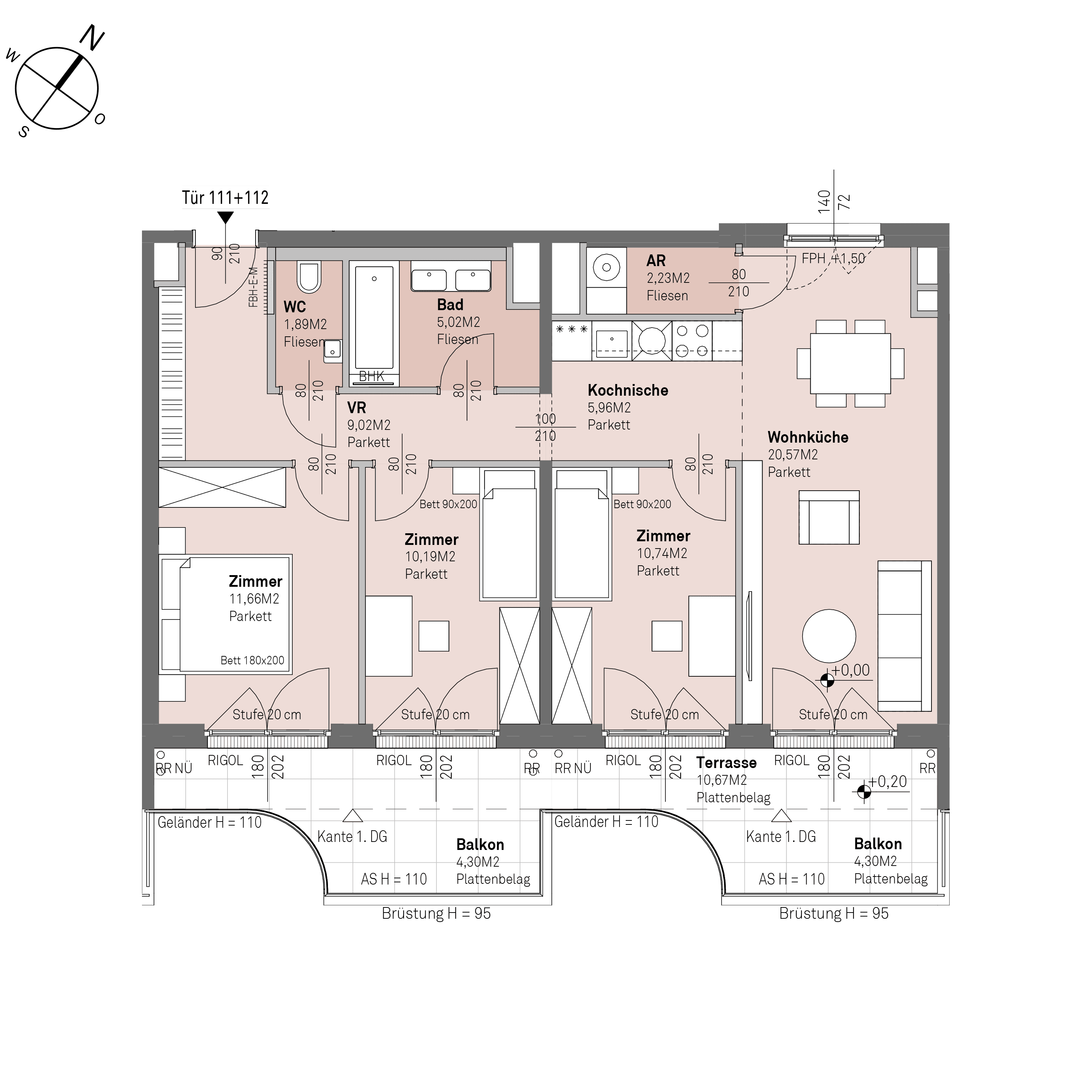 Grundriss Top 2/111+112 — Traisengasse 20–22 — 4 Zimmer — 77,3 m² — 6th floor — O/S
