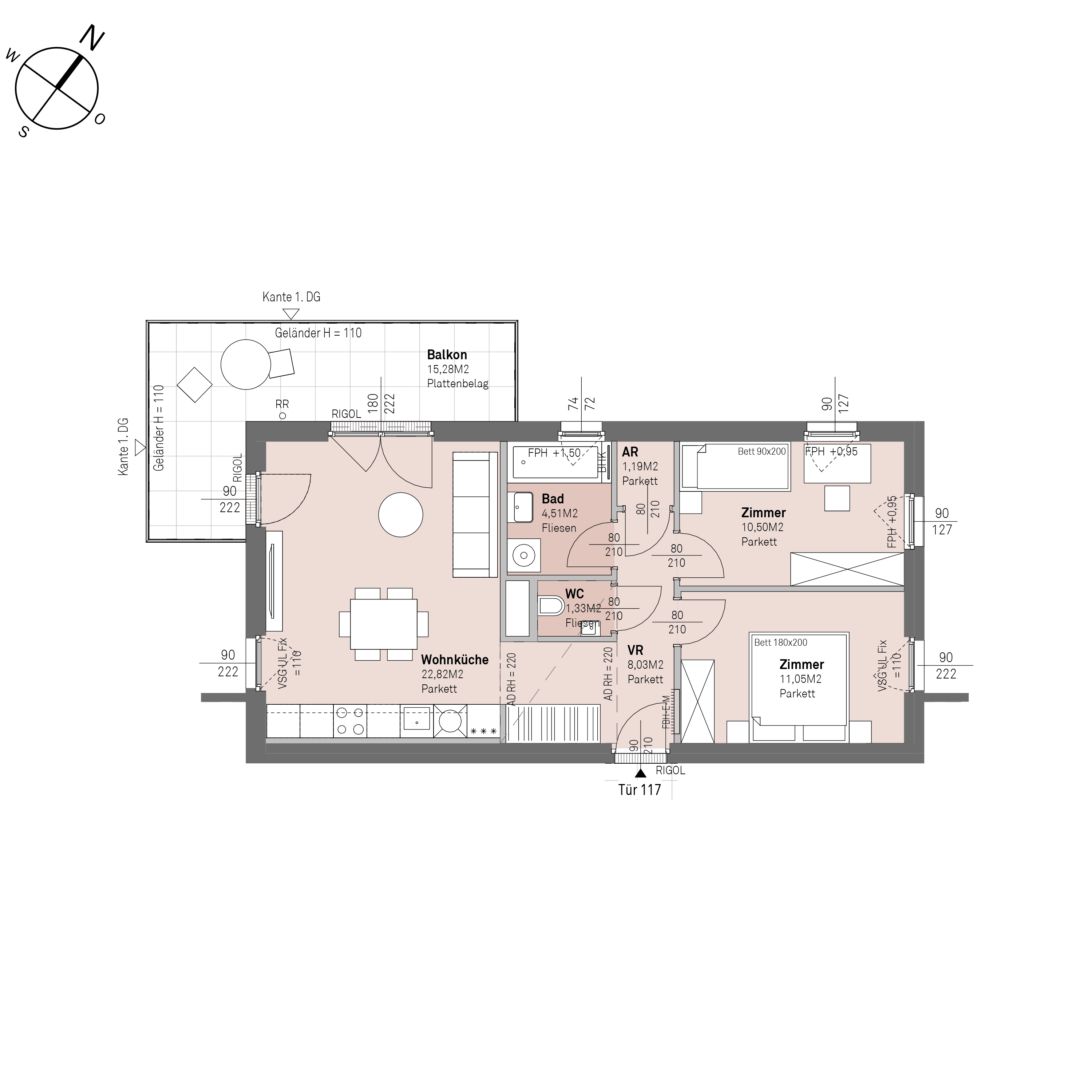 Grundriss Top 2/117 — Traisengasse 20–22 — 3 Zimmer — 59,4 m² — 6th floor