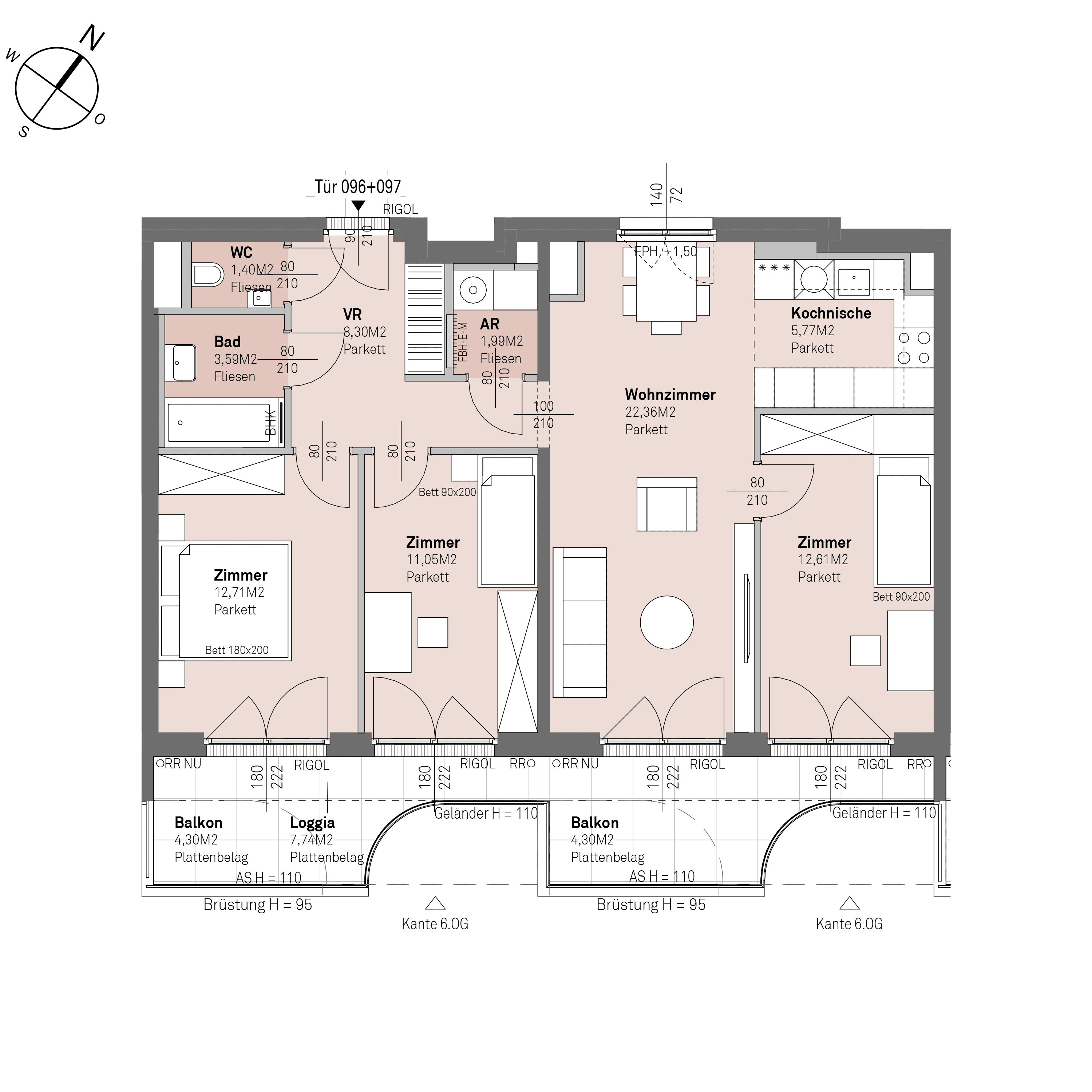 Grundriss Top 2/096+097 — Traisengasse 20–22 — 4 Zimmer — 79,8 m² — 5th floor — O/S